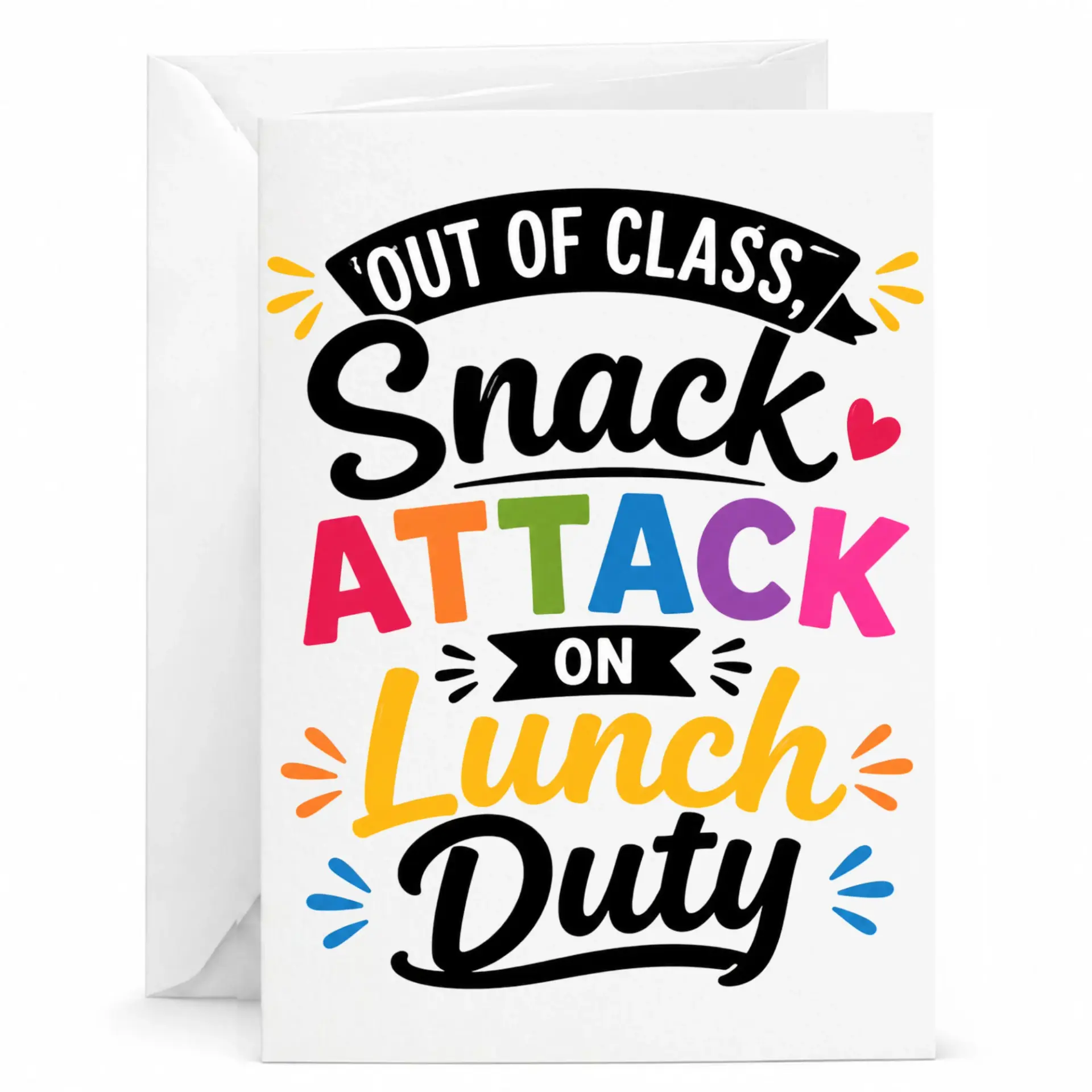 Funny Snack Attack Greeting Card, Humorous Pun Note for Food Lovers and Coworkers, Colorful Handwritten Style Design