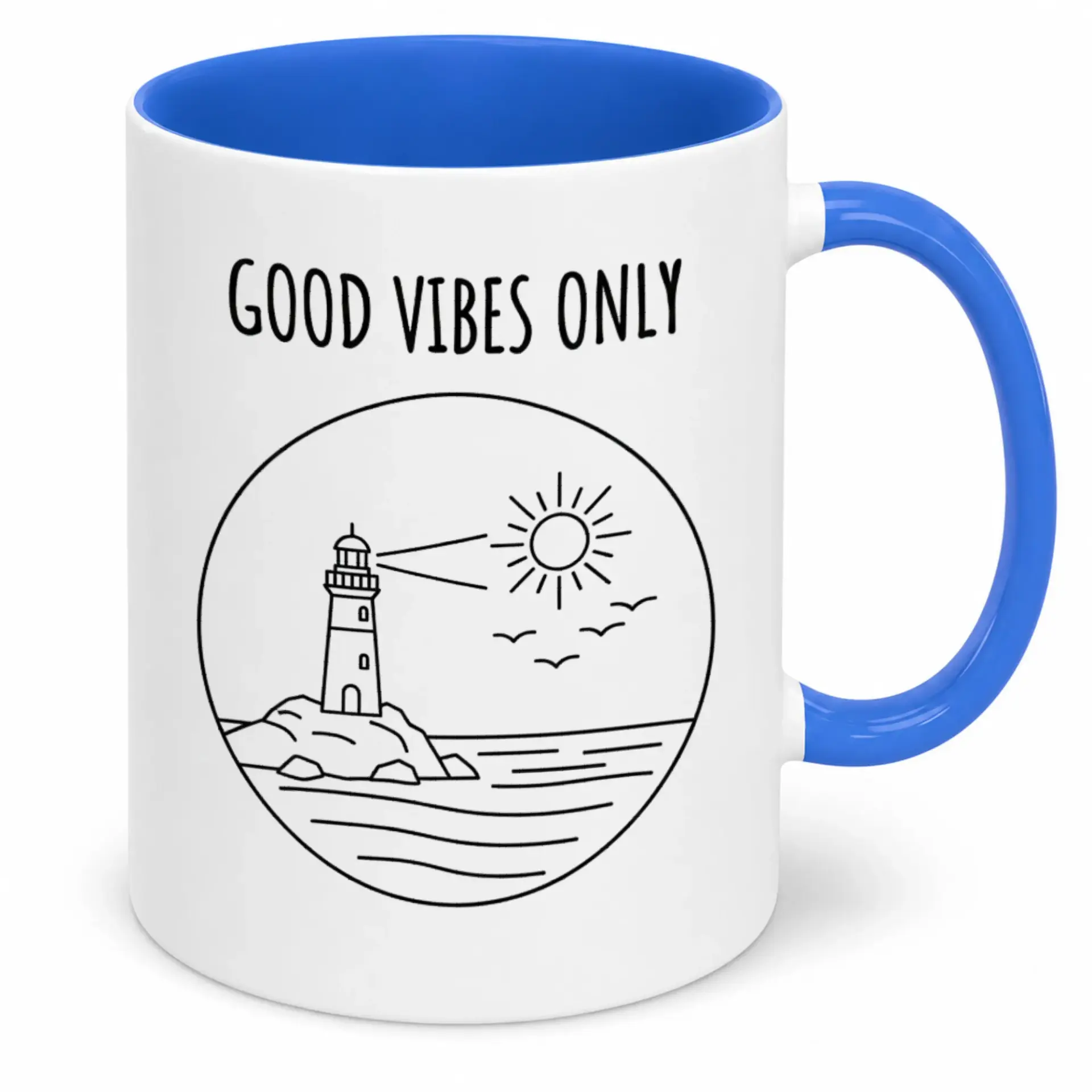 Ceramic Coffee Mug with 'good Vibes Only' Text and Lighthouse Ocean Design, Inspirational Coastal Drinkware, White & Blue, 11oz or 15oz