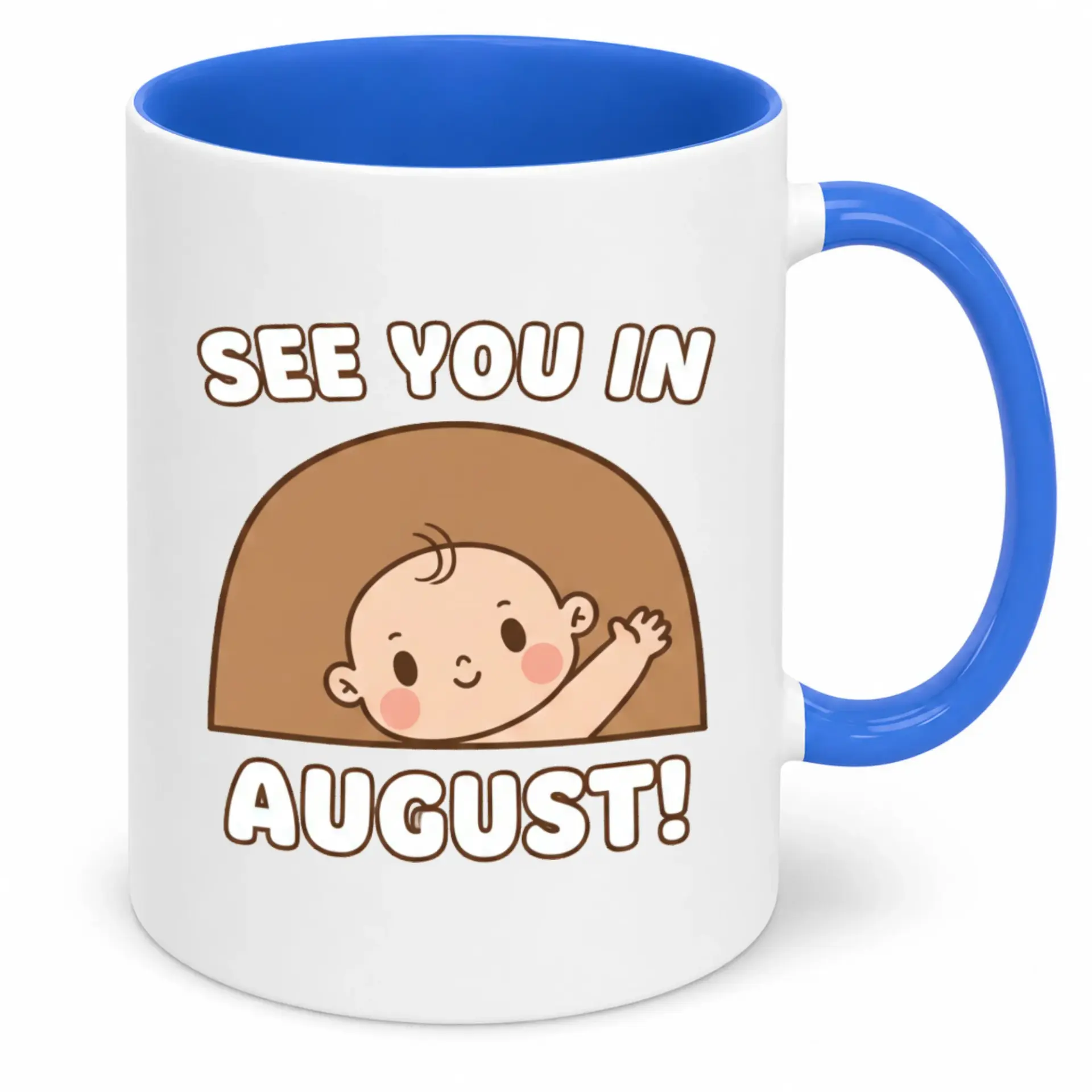 Baby Announcement Coffee Mug with August Birth Month Design Expecting Parent Gift White Ceramic Drinkware Blue Handle and Interior