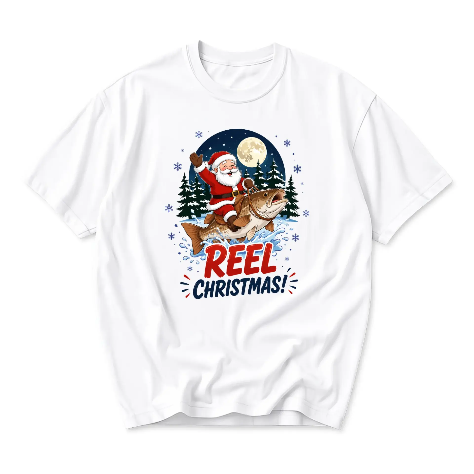 Funny Shirt Reel Christmas Fishing Santa Graphic Tee Unisex Crew Neck Short Sleeve Casual Holiday Apparel White
