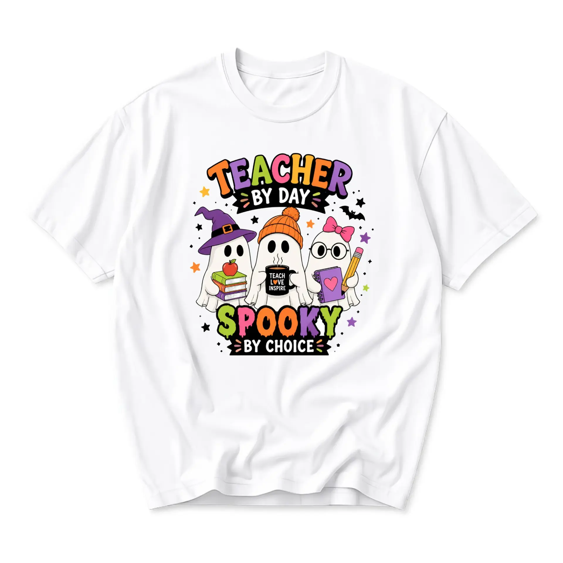 Graphic Tee Teacher by Day Spooky by Choice Fall Halloween Unisex Short Sleeve Crew Neck Cotton Blend Casual Shirt