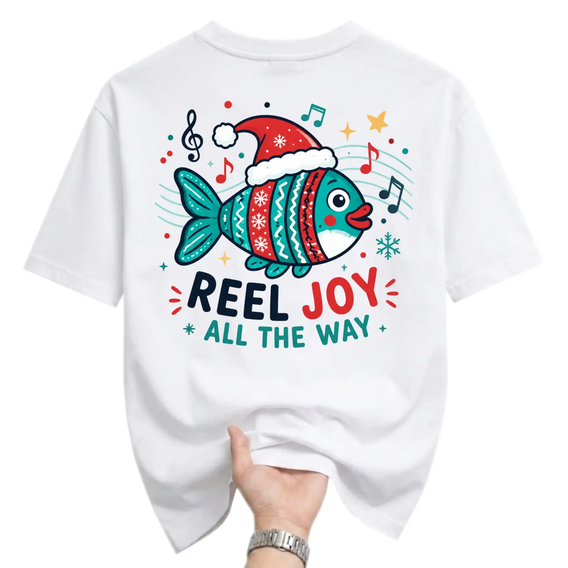 Funny Shirt Reel Joy All the Way Christmas Fishing Graphic Unisex Crew Neck Casual Everyday Holiday Tee