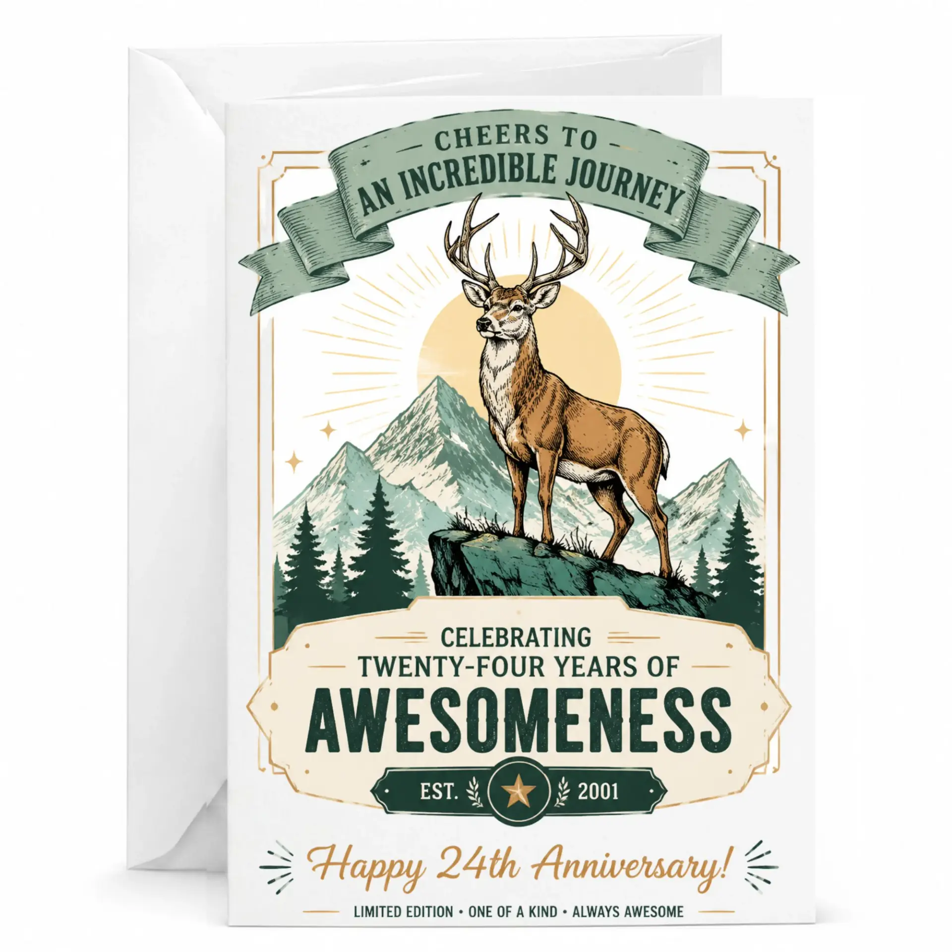 Greeting Card for 24th Anniversary Birthday Cheers to an Incredible Journey Vintage Deer Illustration Stationary