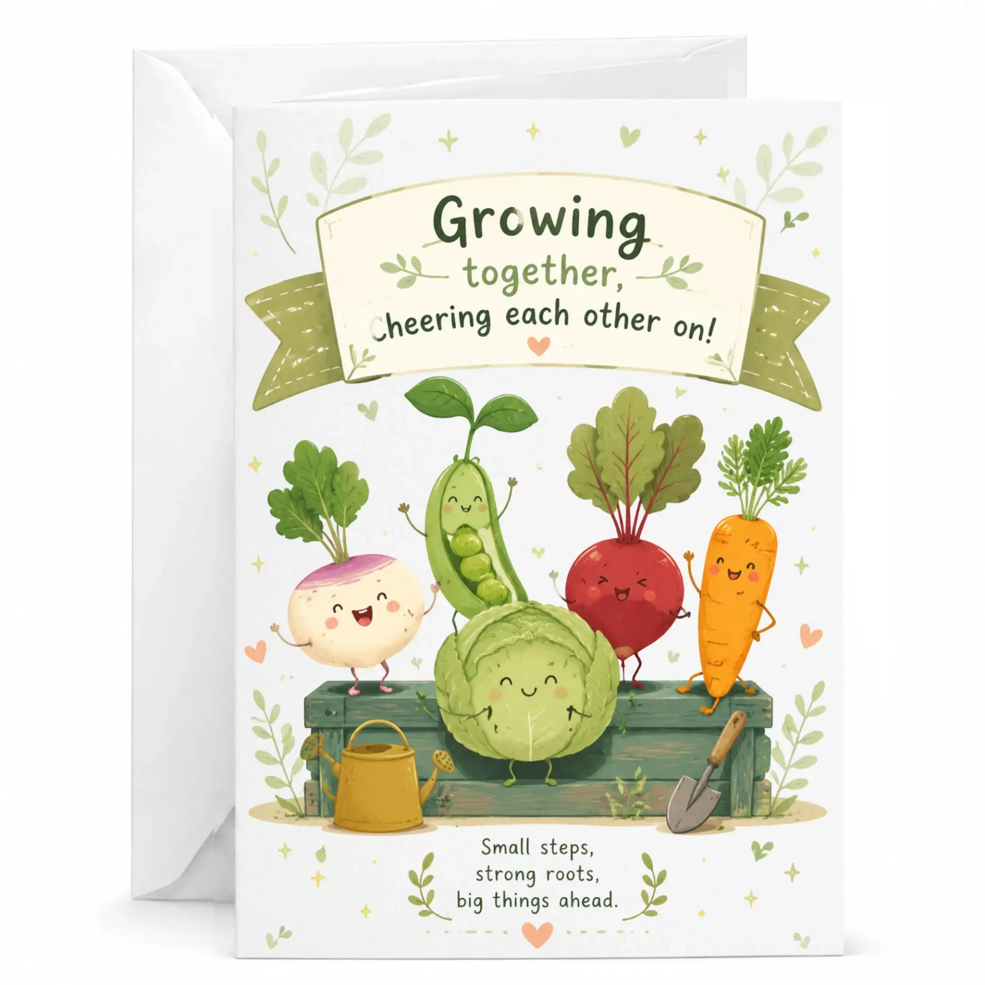 Greeting Card Growing Together Cheering Each Other on Cute Vegetable Illustration Stationery for Encouragement