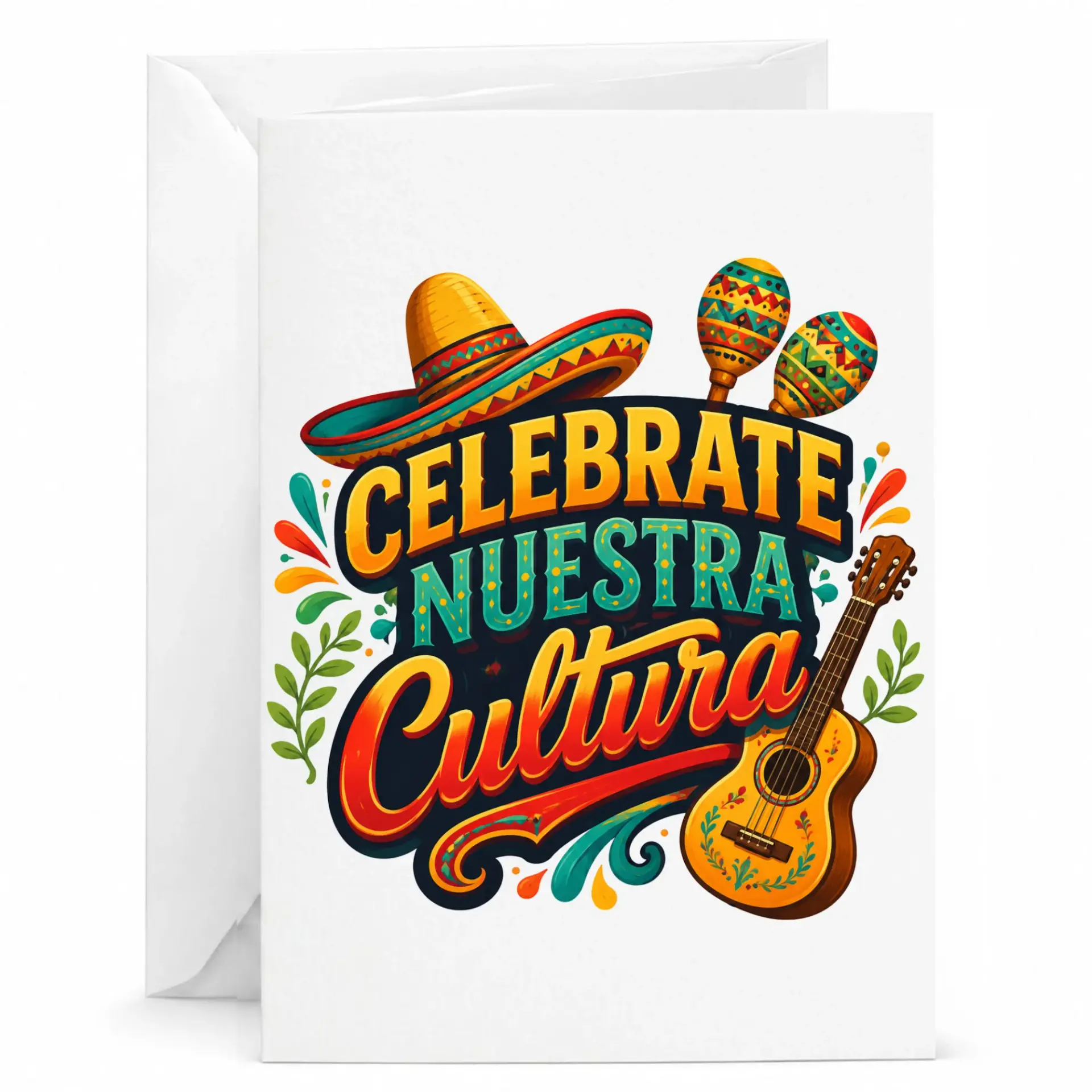 Celebrate Nuestra Cultura Greeting Card with Colorful Sombrero Maracas and Acoustic Guitar Art Design 5x7 Inches