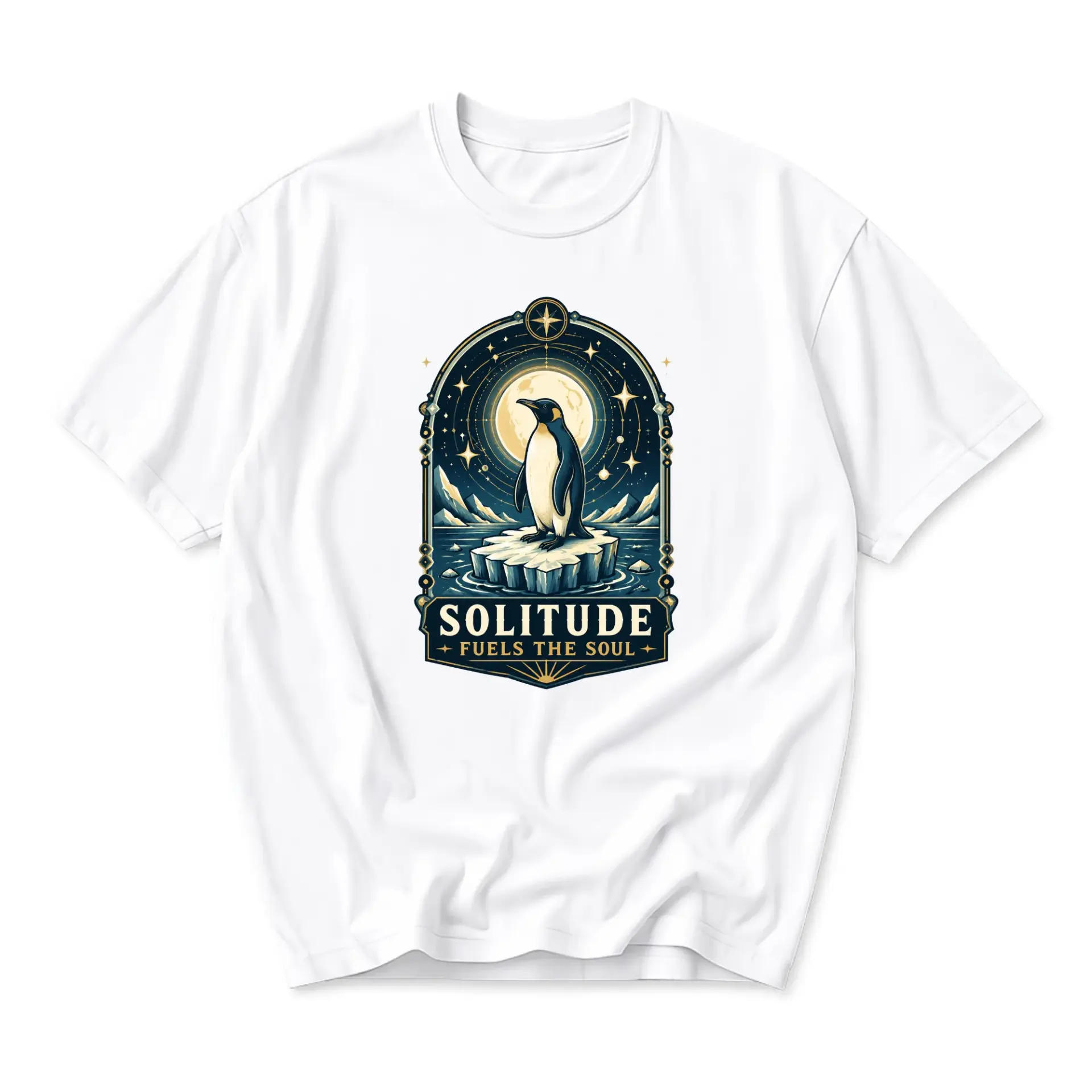 Graphic Tee Solitude Fuels the Soul Penguin Illustration Unisex Casual Crew Neck Comfortable Cotton Blend Shirt