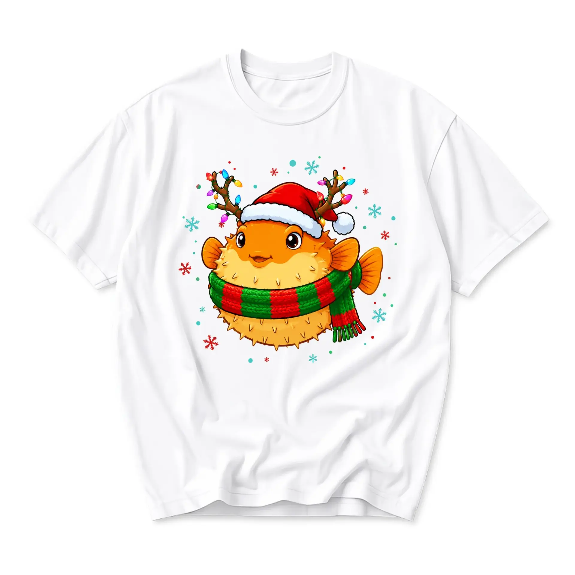 Graphic Tee Puffer Fish with Reindeer Antlers and Holiday Scarf Cute Christmas Unisex Crew Neck Casual Cotton Shirt