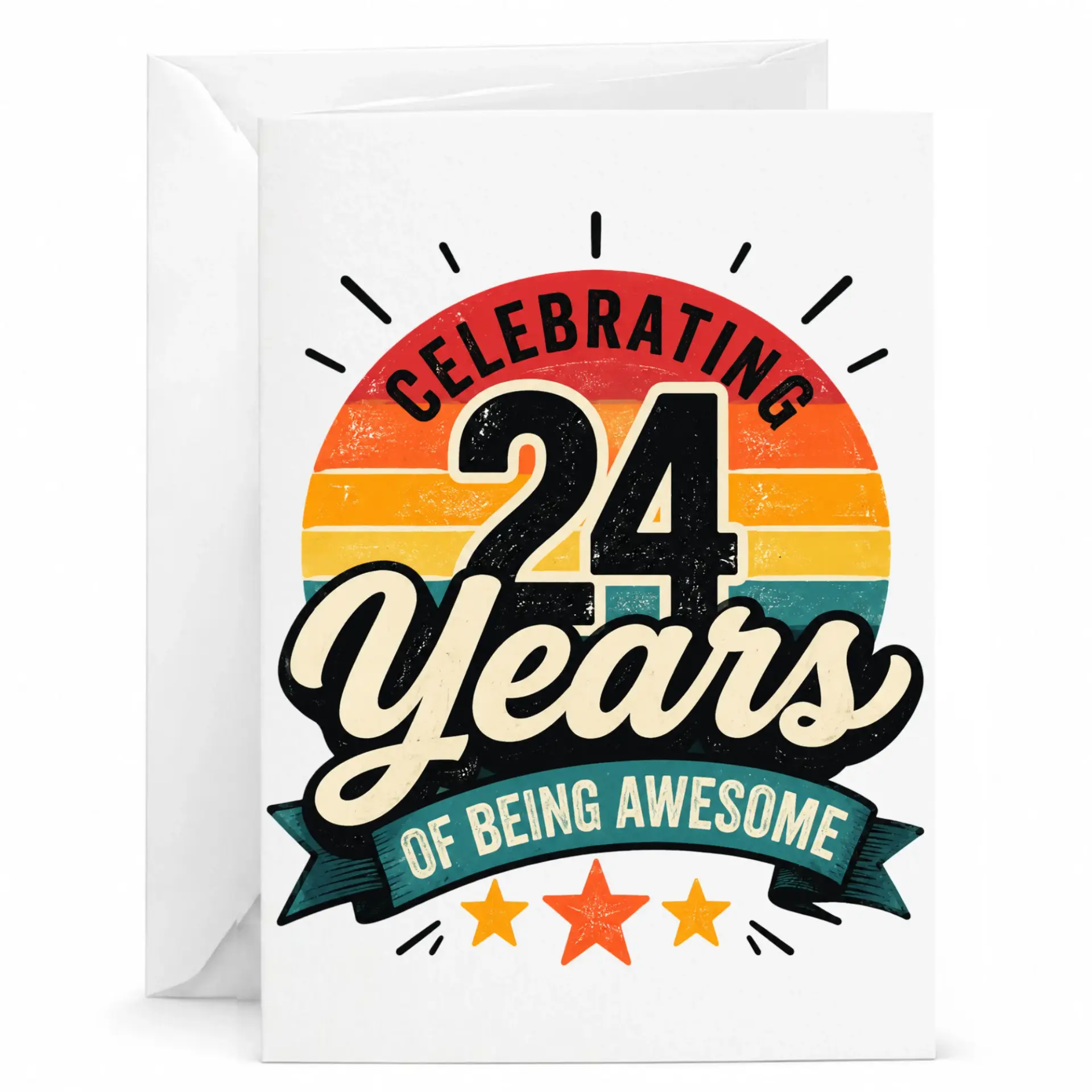 Birthday Card Celebrating 24 Years of Being Awesome Vintage Sunset Design Premium Greeting Card with White Envelope