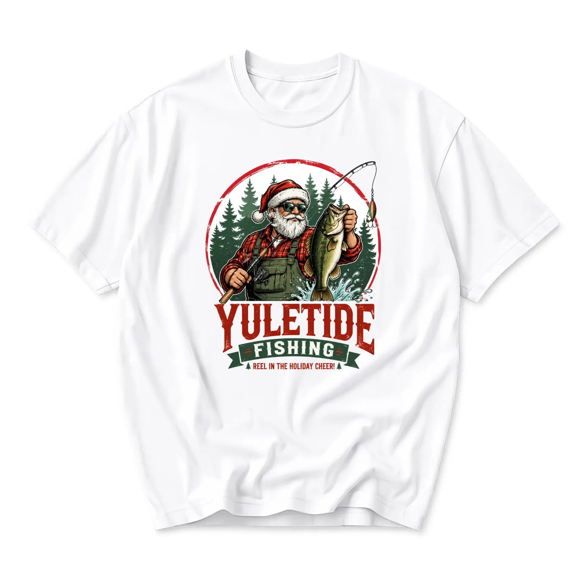 Graphic Tee Unisex Crew-Neck T-Shirt Featuring Santa Claus Fishing Design for Holiday Season Casual Apparel Wear