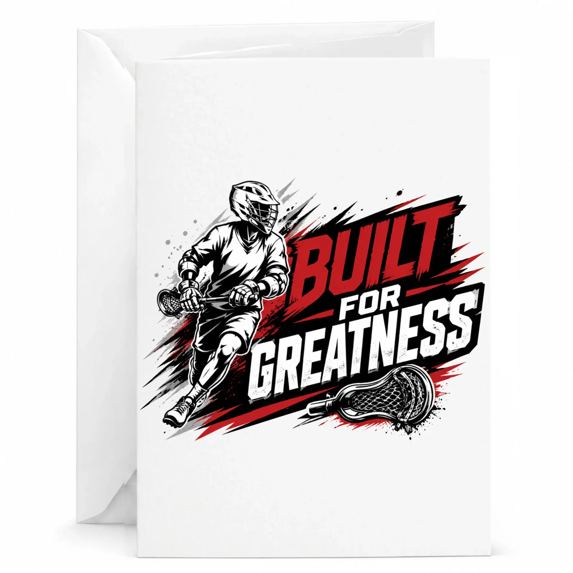 Greeting Card Built for Greatness Lacrosse Player Art Sporty Design Stationery for Athletes and Enthusiasts