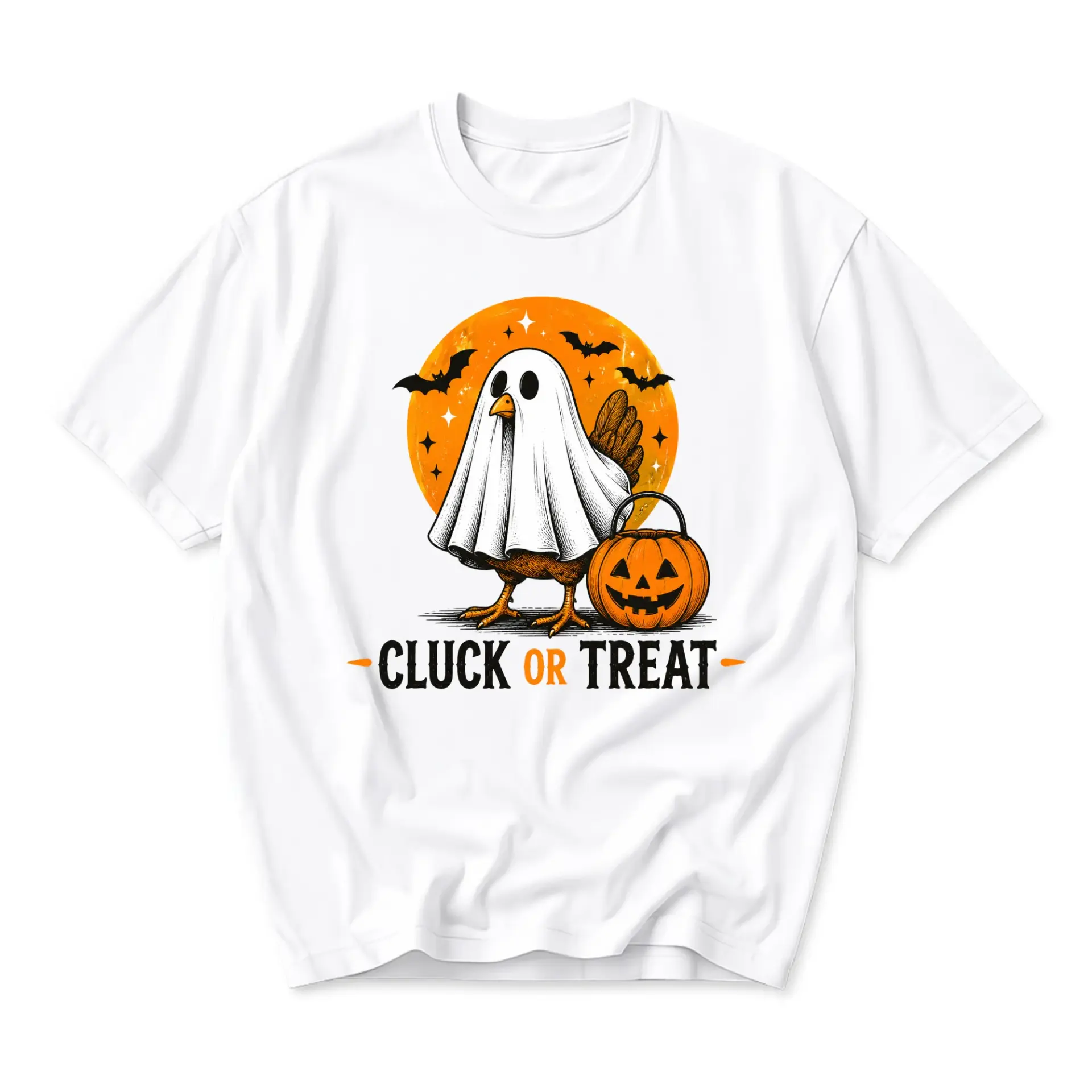 Funny Shirt Cluck or Treat Chicken Ghost Halloween Graphic Tee Casual Unisex Crew Neck Short Sleeve Apparel