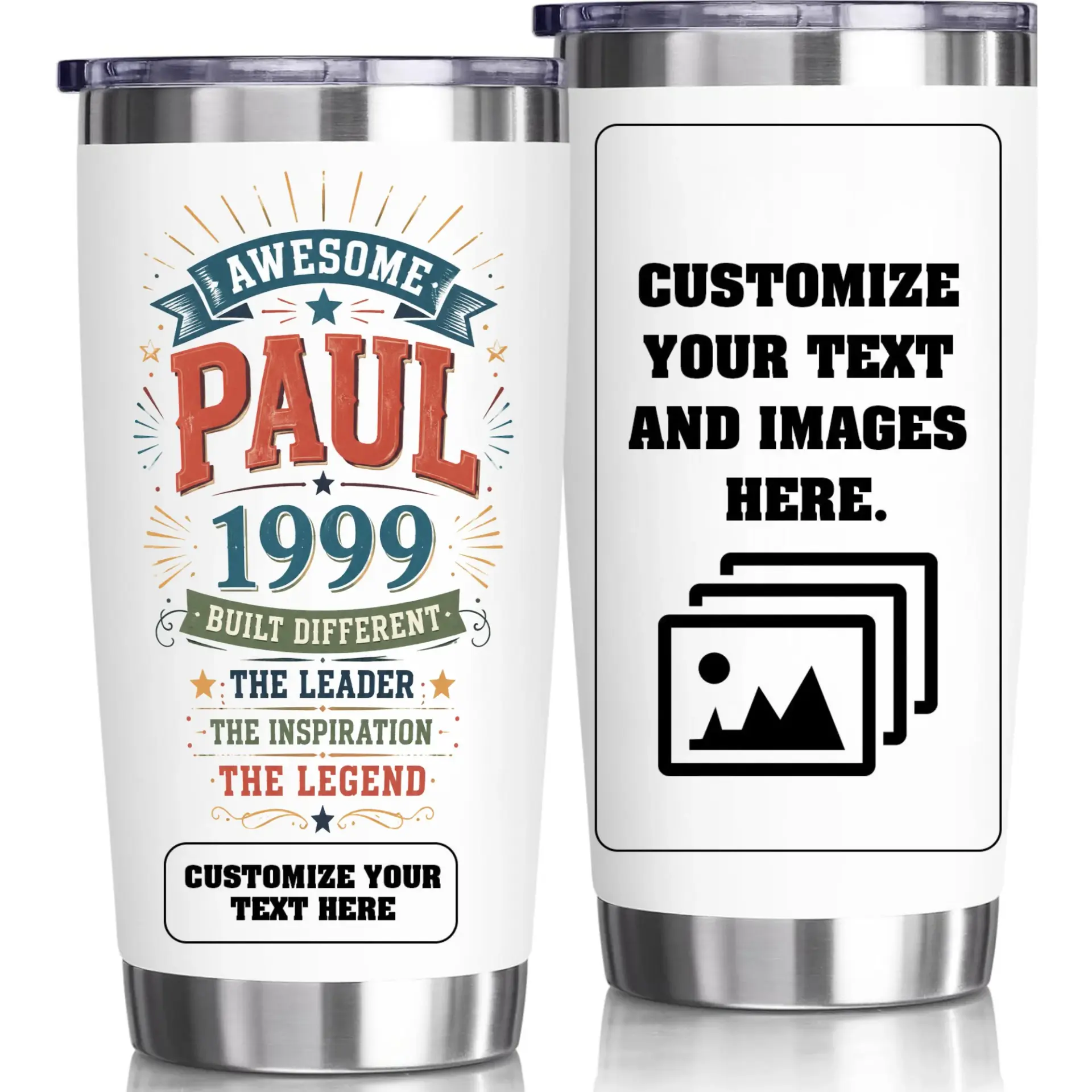 Stainless Steel Tumbler 20oz Personalized Birthday Gift Travel Mug with Custom Text and Photo Option for Men and Women