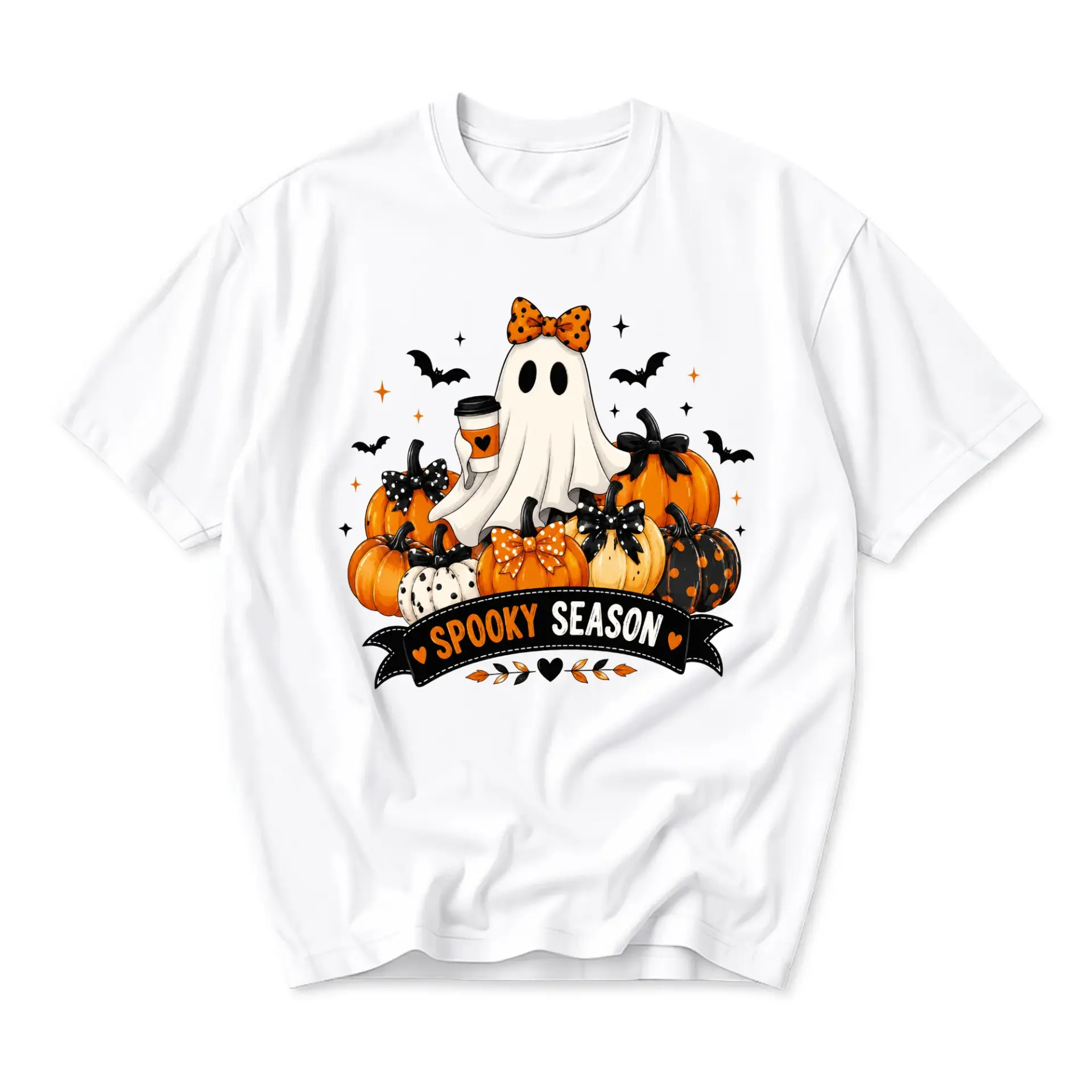 Graphic Tee Spooky Season Ghost with Pumpkins and Coffee Cup Print Casual Unisex White Cotton Crew Neck T-Shirt