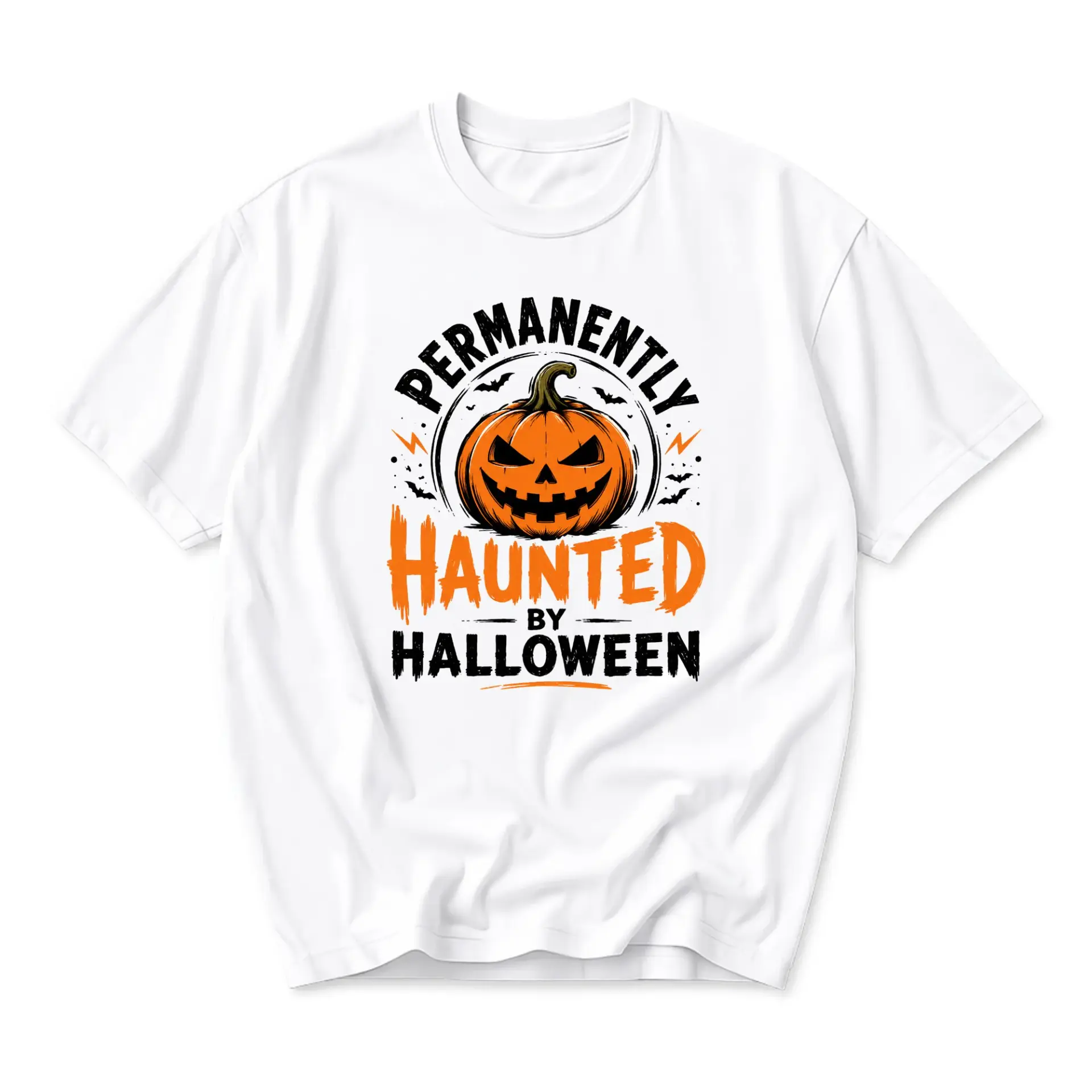 Graphic Tee Permanently Haunted by Halloween Spooky Pumpkin Unisex Crew Neck Short Sleeve Casual Cotton T-Shirt