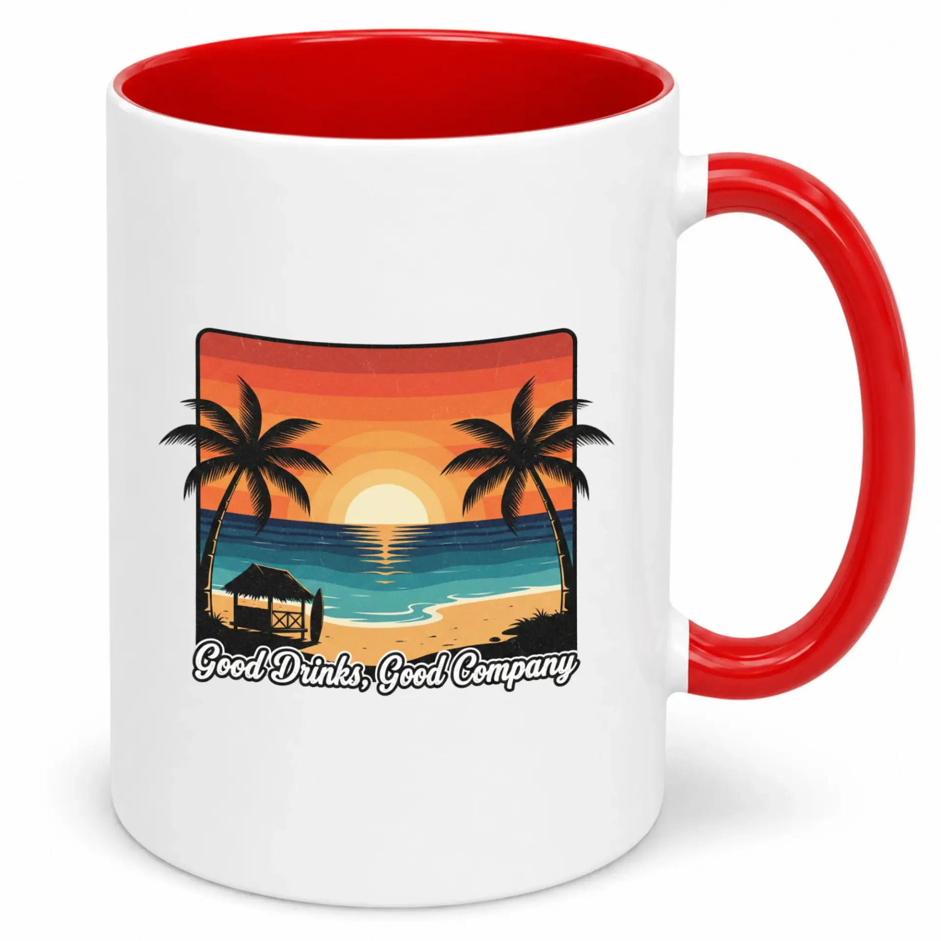 Ceramic Coffee Mug with Tropical Beach Sunset Design and Trees Good Drinks Company Quote 11oz or 15oz White Drinkware for Home Office