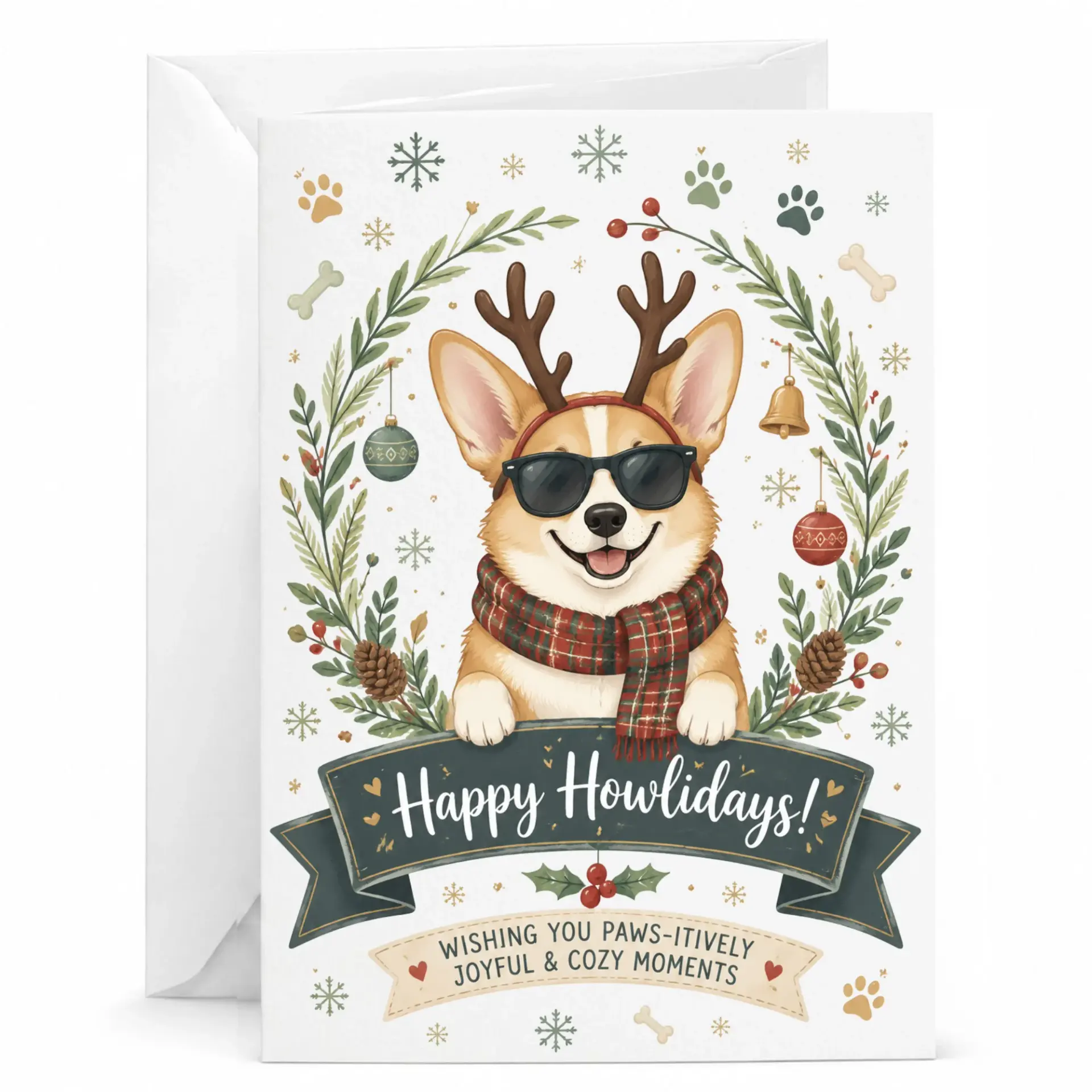 Funny Holiday Greeting Card Featuring Cool Corgi Dog with Reindeer Antlers and Scarf for Winter Seasonal Joy