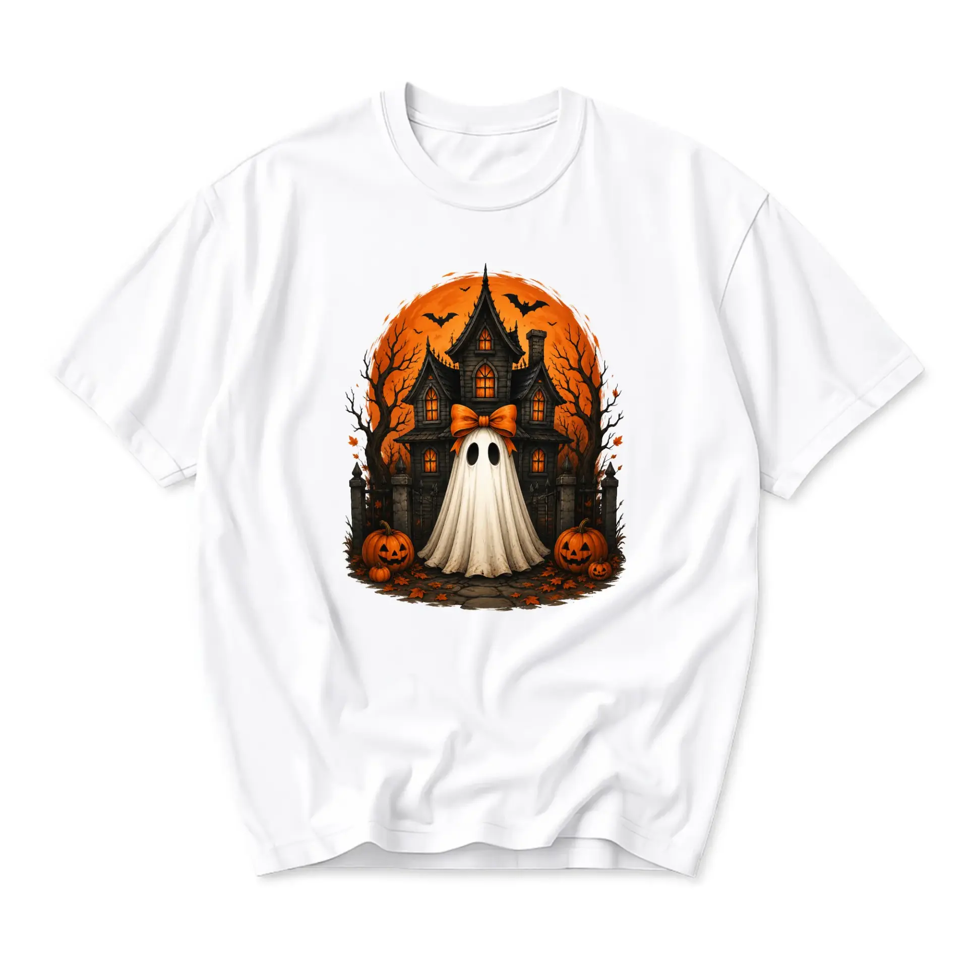 Graphic Tee Haunted House Ghost with Orange Bow Halloween Spooky Fall Season Unisex Casual Crew Neck T-Shirt