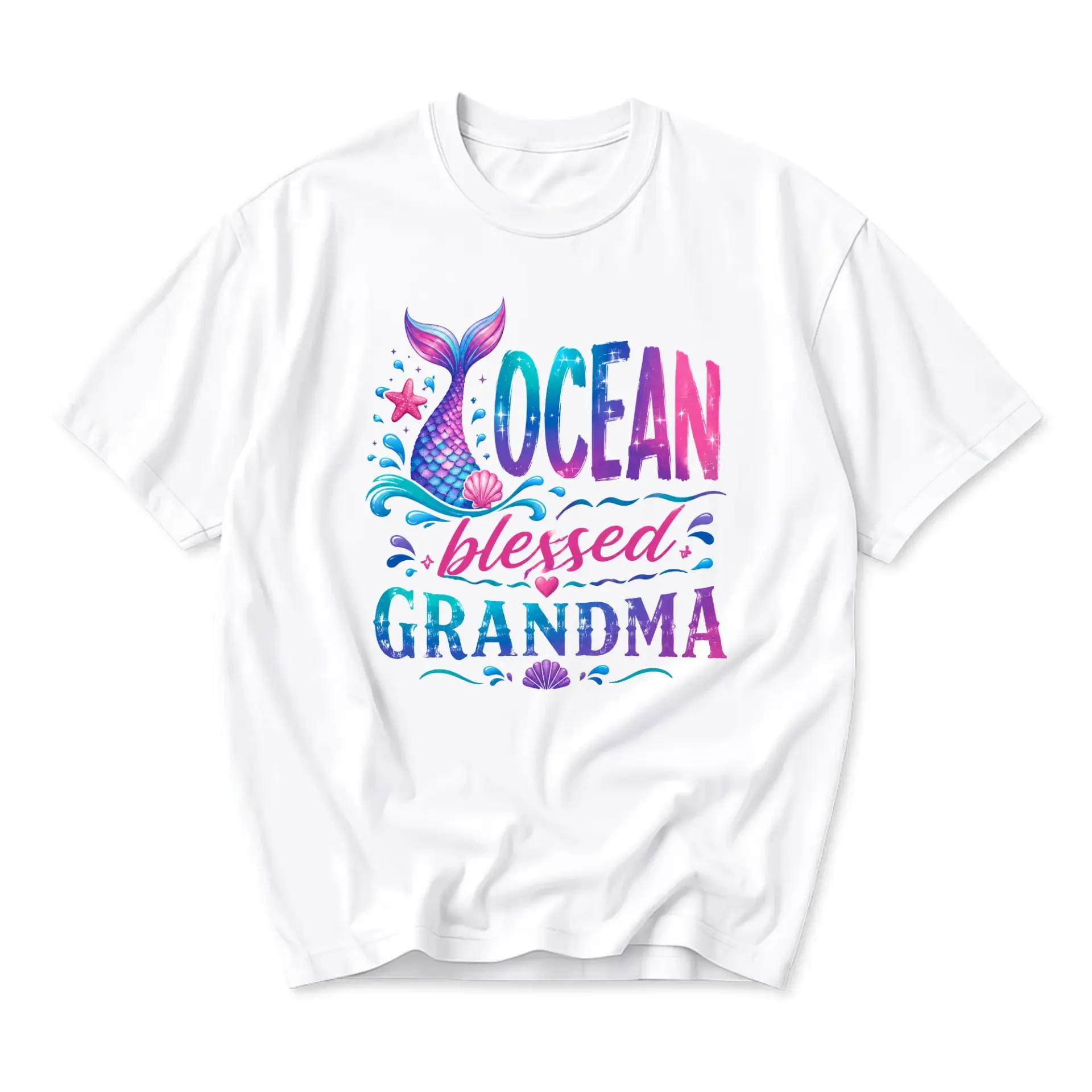 Graphic Tee Ocean Blessed Grandma Shirt Mermaid Style Casual Crew Neck