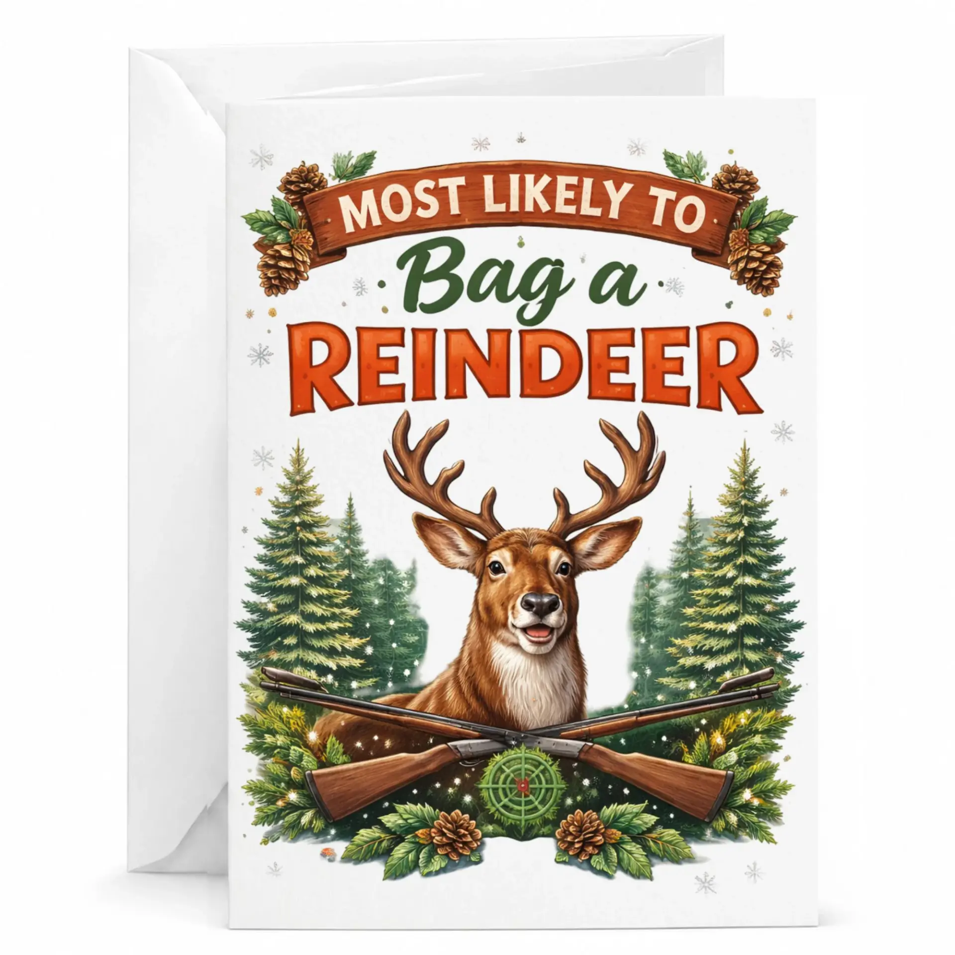 Funny Greeting Card Most Likely to Bag a Reindeer Holiday Humor Note for Hunter Outdoors Enthusiast Winter Stationery