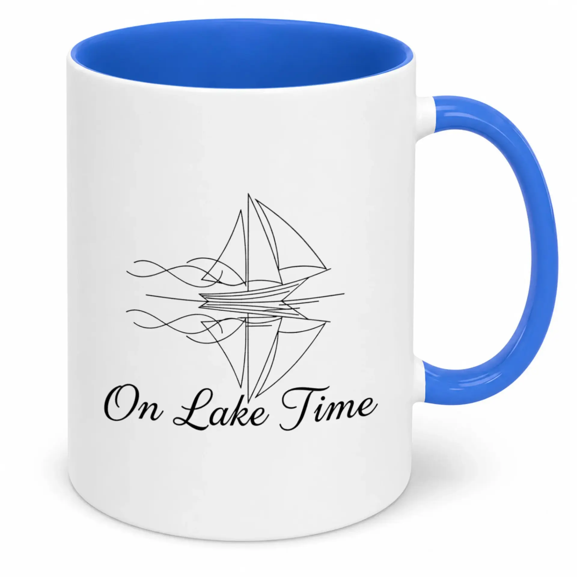 Coffee Mug with 'on Lake Time' Sailboat Design, Relaxing Lakehouse Themed Ceramic Drinkware for Home or Office, 11oz 15oz