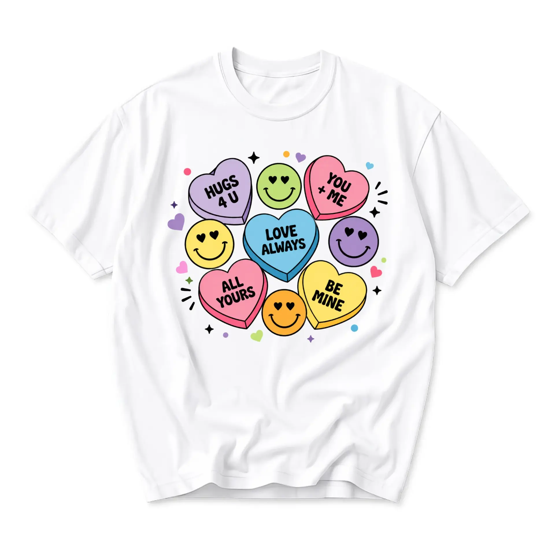 Graphic Tee Unisex Crew Neck Short Sleeve Shirt with Colorful Heart Candy and Smiley Face Print Design White