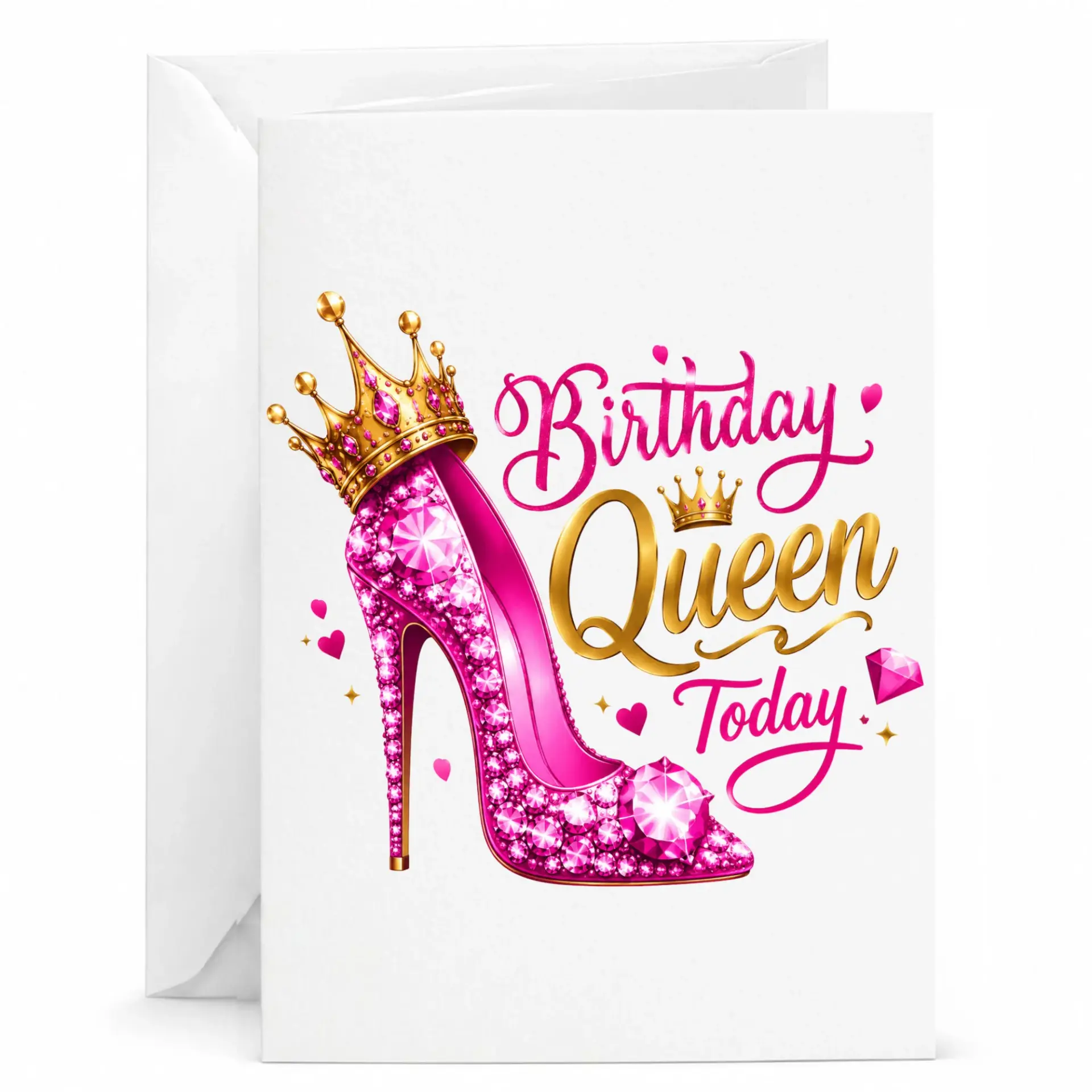 Birthday Queen Greeting Card with High Heel Shoe and Crown Illustration for Fashion Lovers and Elegant Celebration