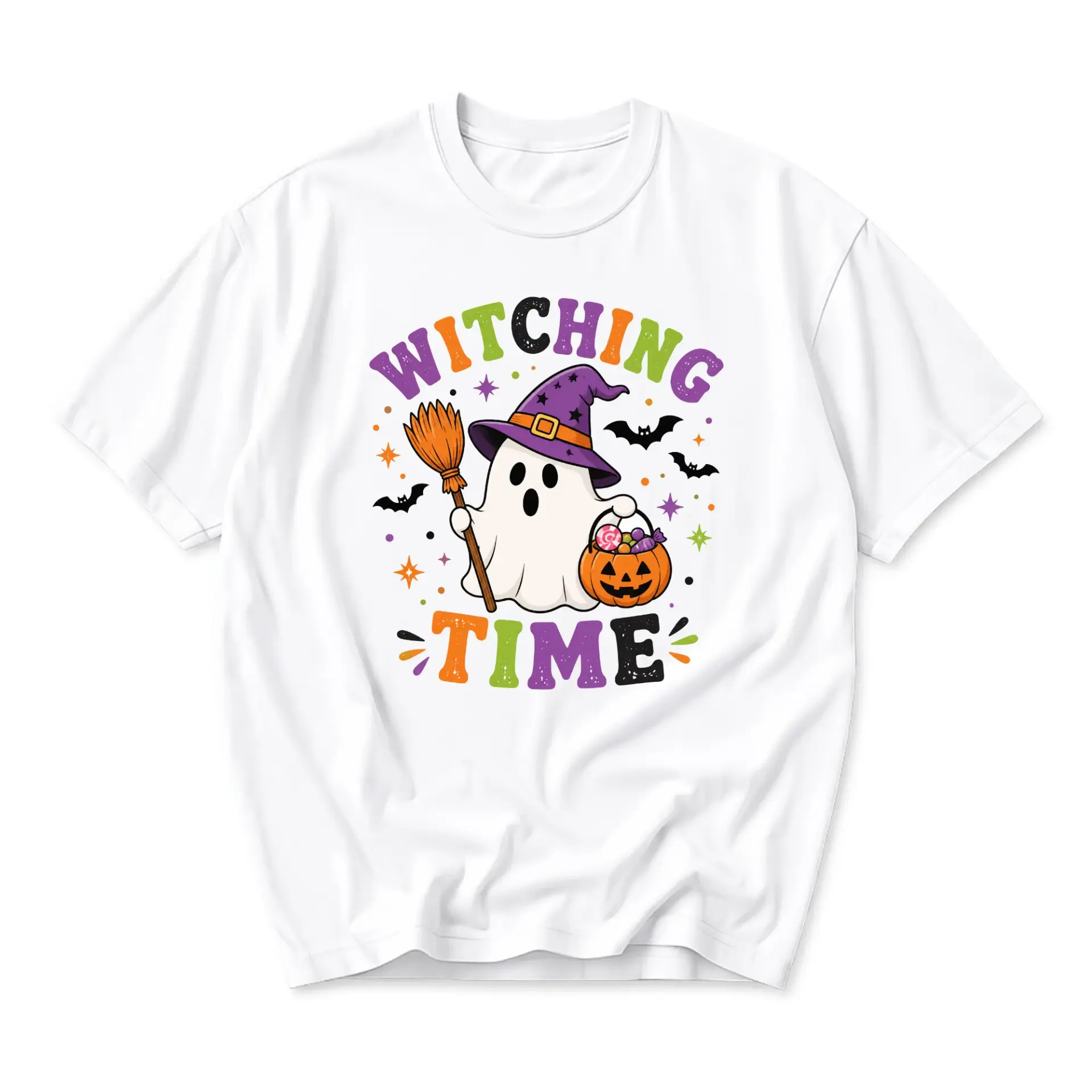 Graphic Tee Witching Time Ghost Illustration Unisex Crew Neck Short Sleeve Shirt for Casual Holiday Seasonal Wear