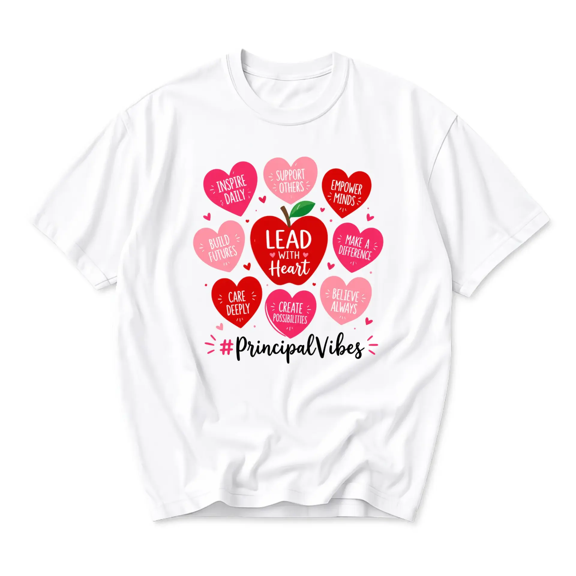 Graphic Tee Lead with Heart Principal Vibes Apple Design Unisex Crew Neck Short Sleeve Soft Cotton Casual Shirt
