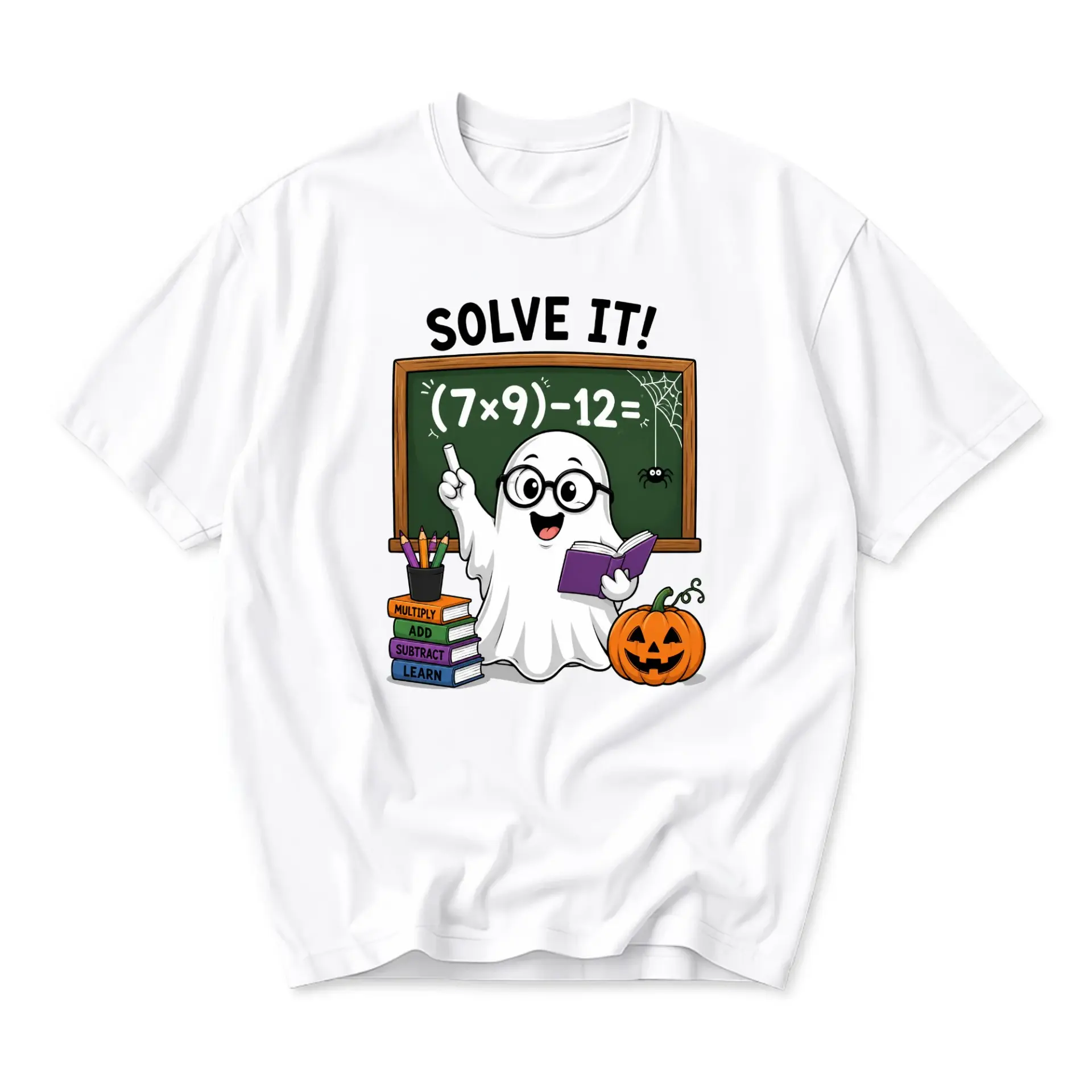 Funny Shirt Math Ghost Graphic Tee for Halloween Enthusiasts Unisex Crew Neck Casual Cotton Blend Apparel White