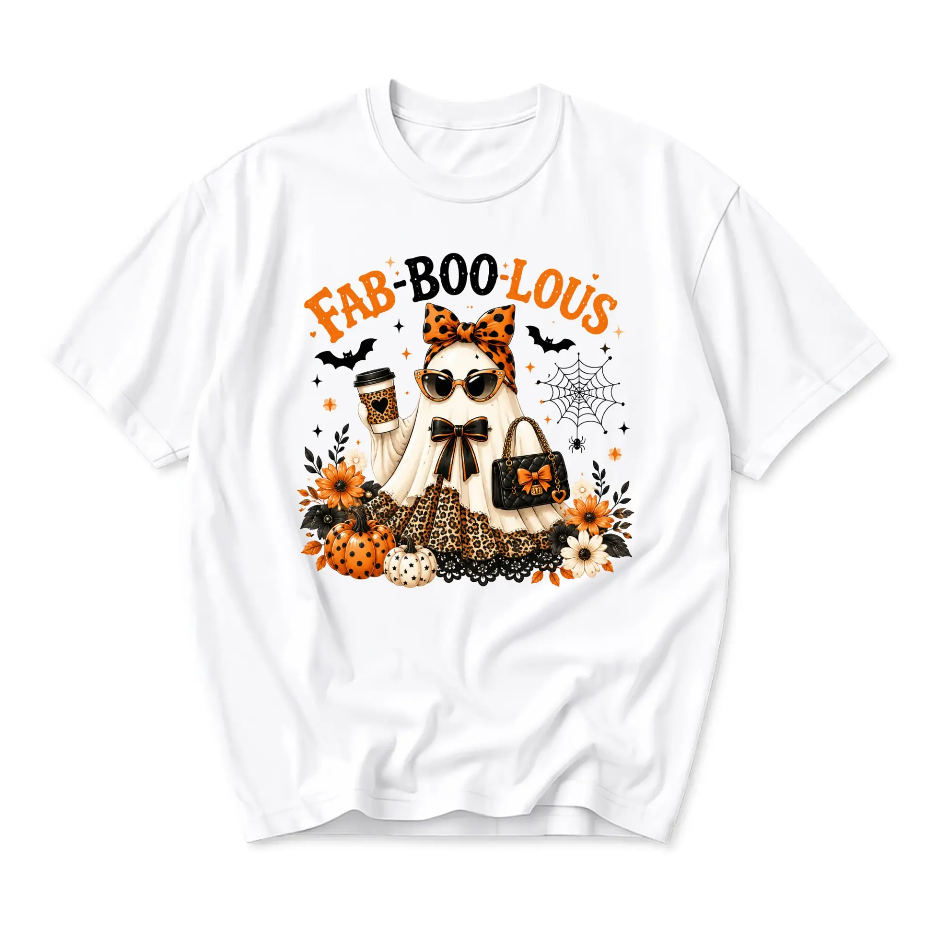 Funny Shirt Fab-Boo-Lous Ghost Graphic Tee Retro Halloween Pumpkin Coffee Lover Unisex Casual Crew Neck T-Shirt