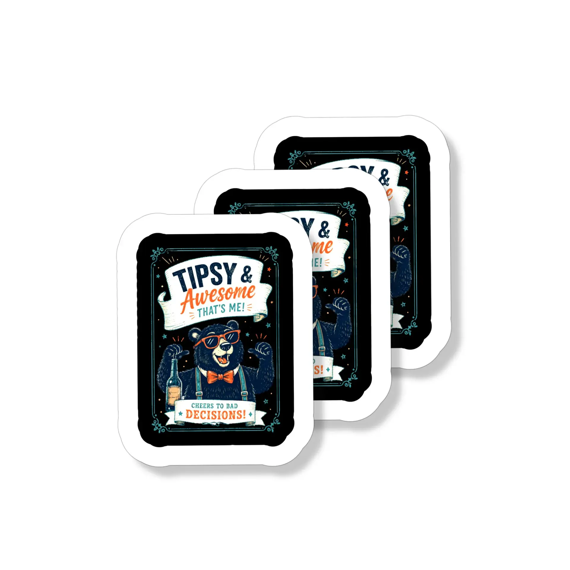 Vinyl Sticker Pack Tipsy and Awesome Bear Funny Illustration Decals for Laptops Water Bottles and Personal Gear Set of 3