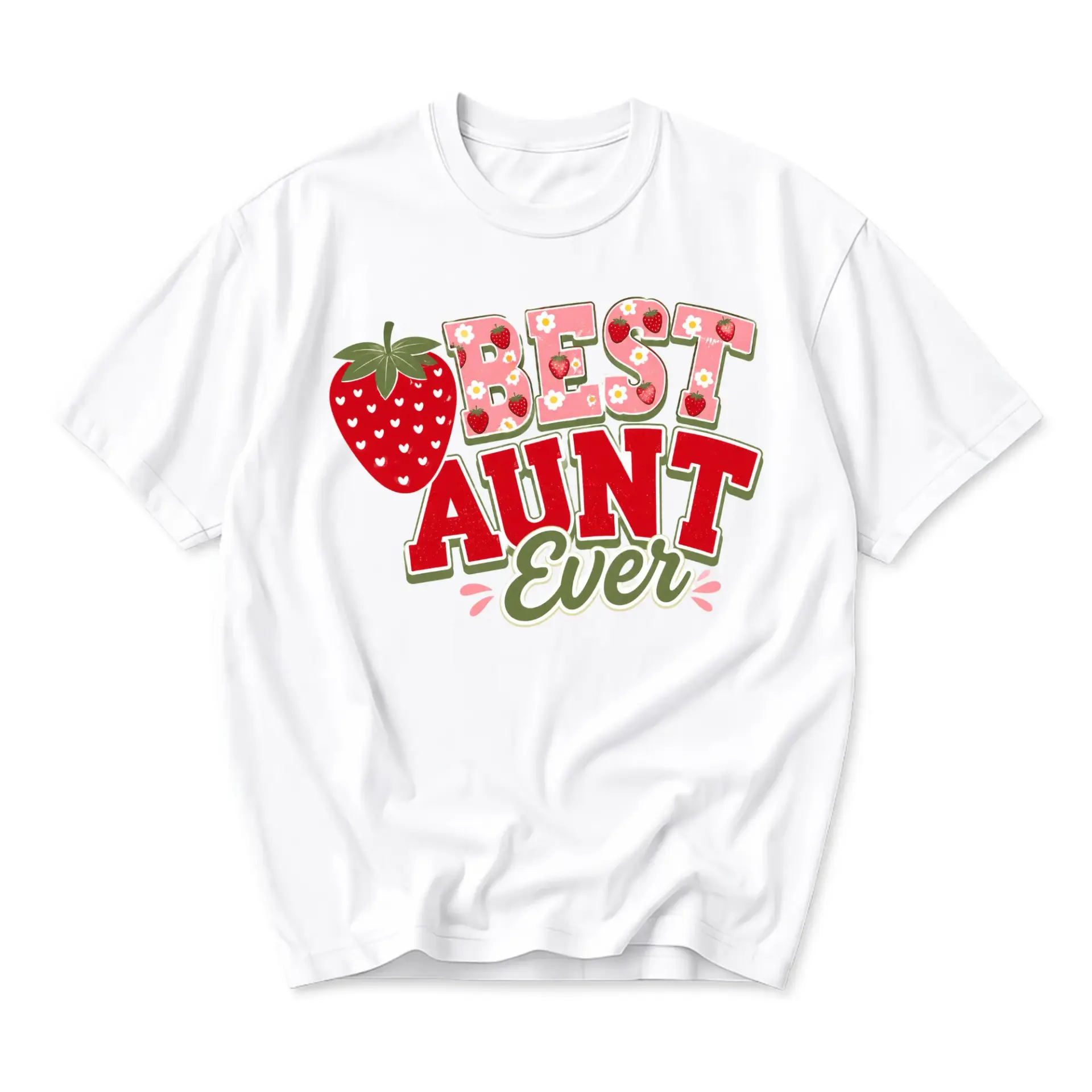 Graphic Tee Best Aunt Ever Strawberry Design Unisex Crew Neck Short Sleeve Shirt for Casual Everyday Apparel Comfort Fit