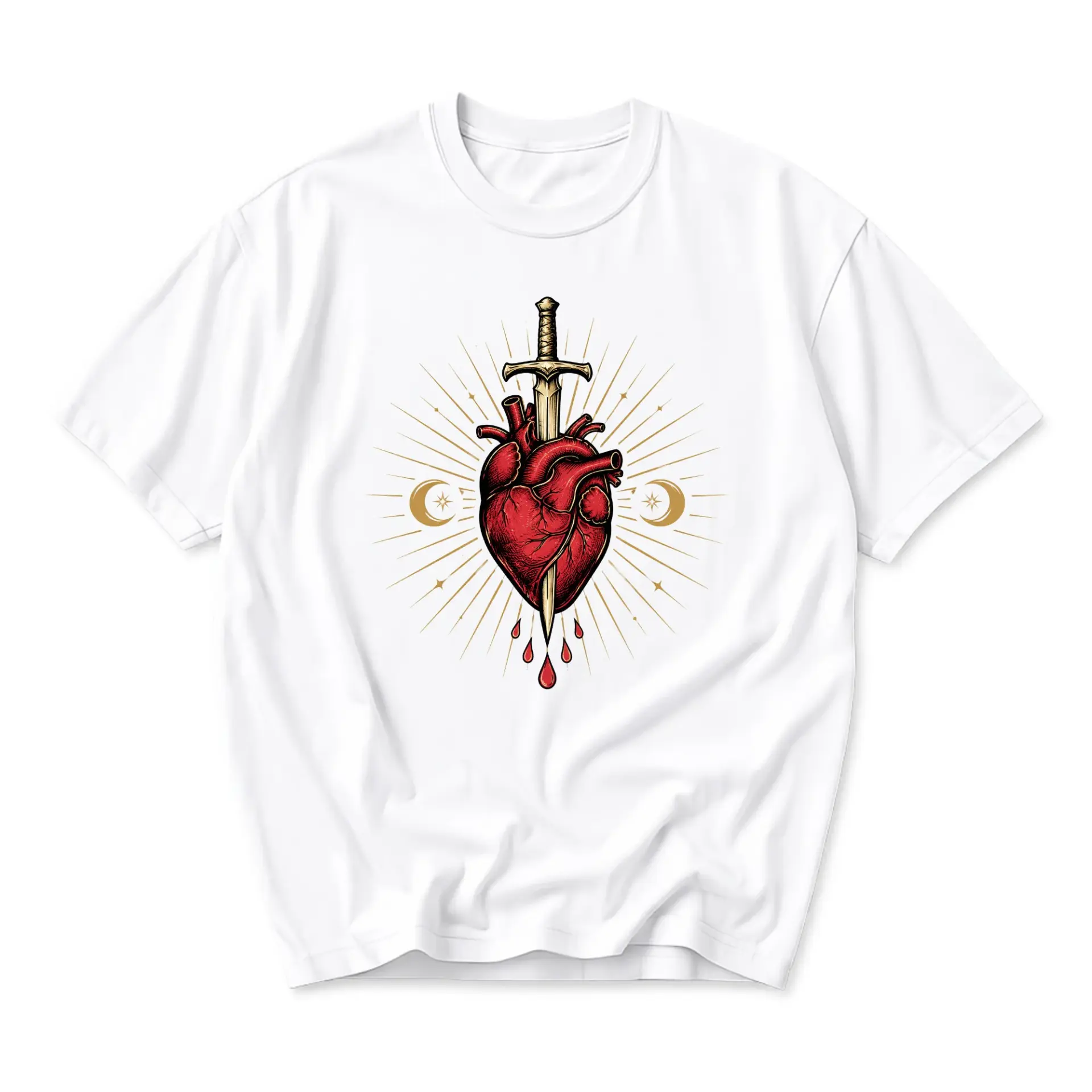 Graphic Tee Unisex Crew Neck T-Shirt Featuring Anatomical Heart and Dagger Illustration with Celestial Sunburst Design