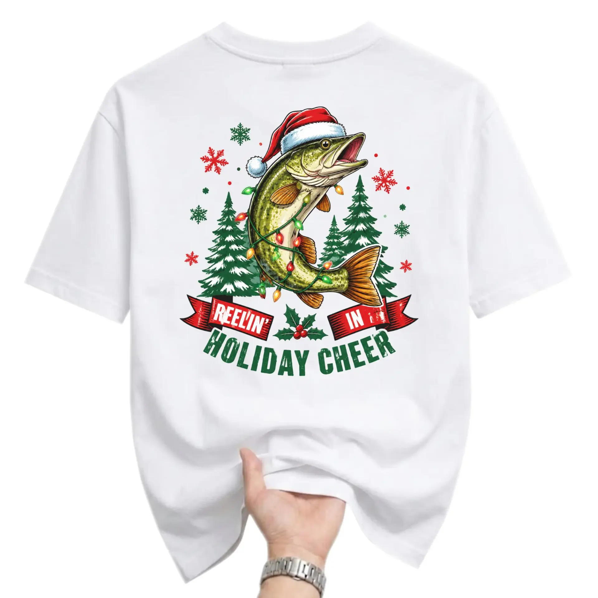 Funny Shirt Reelin in Holiday Cheer Fishing Graphic Tee Unisex Short Sleeve