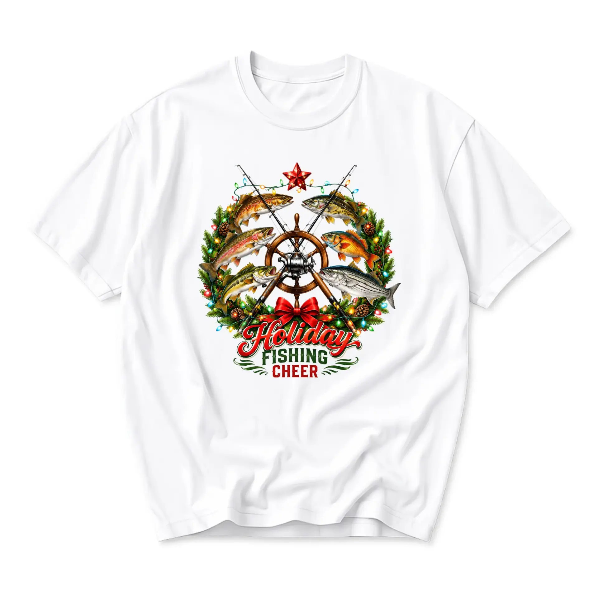 Graphic Tee Holiday Fishing Cheer Unisex Crew Neck T-Shirt Seasonal Angler