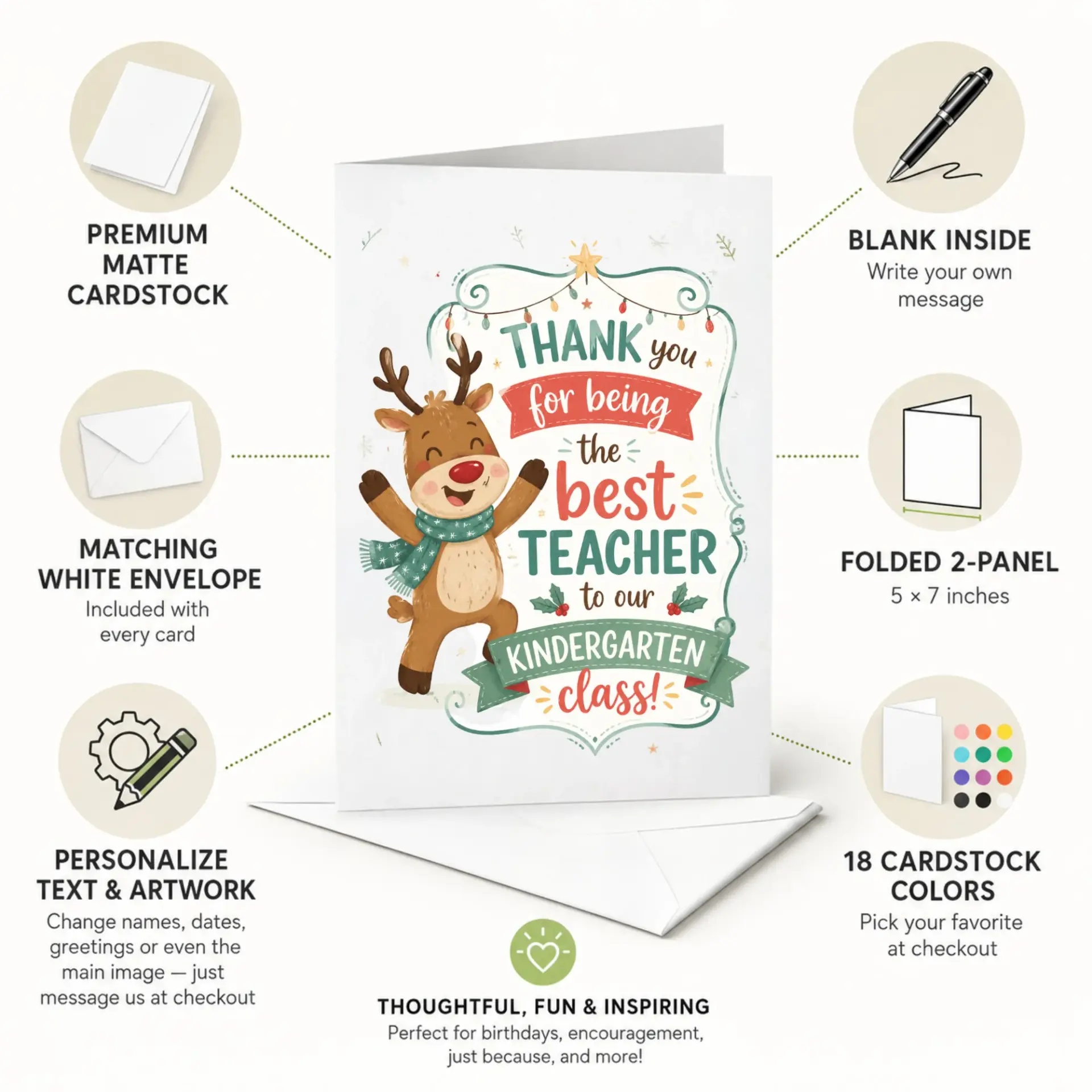 Thank You Card for Teacher Holiday Appreciation Greeting Card with Cute Reindeer Illustration and Envelope 5x7 Inches