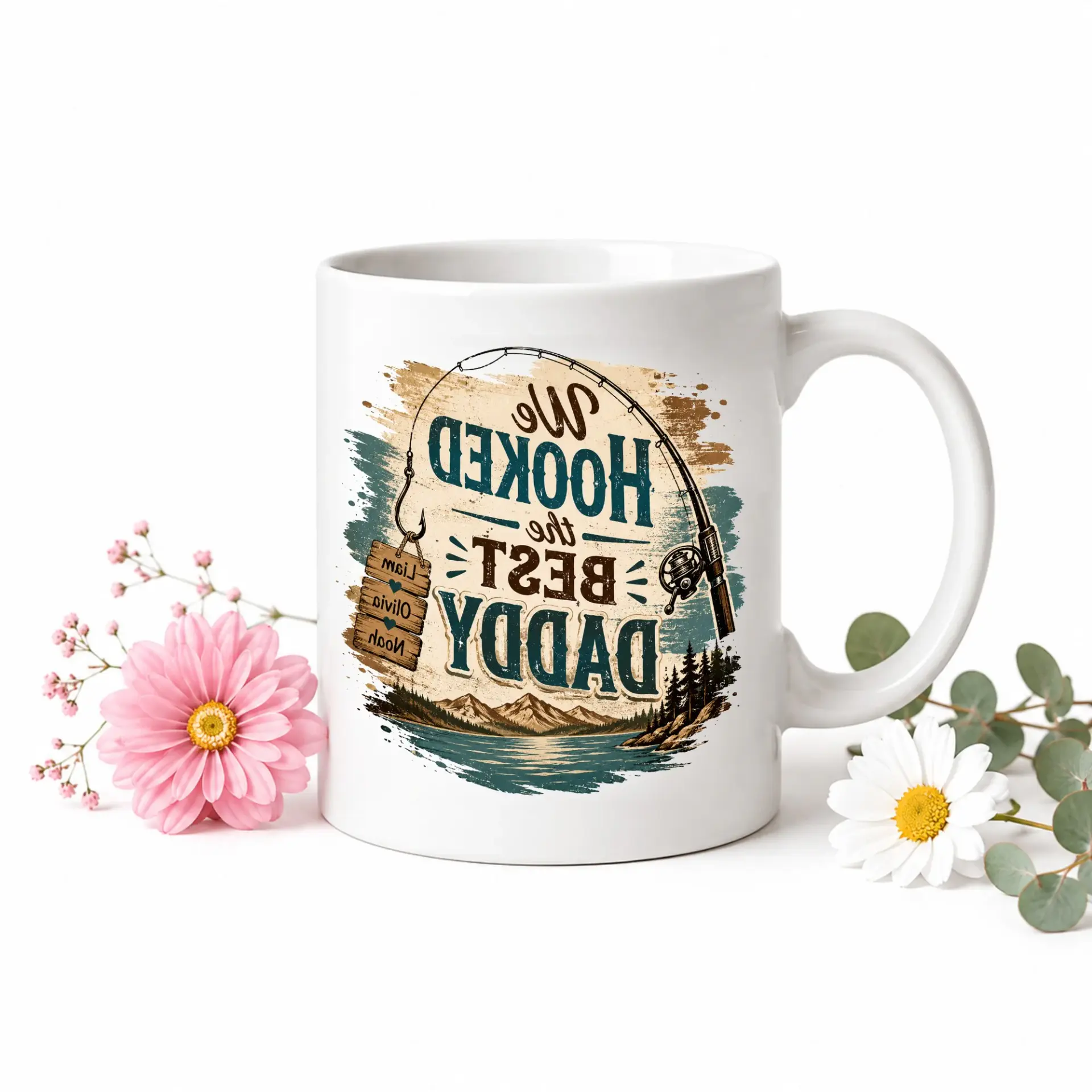 Fishing Theme Coffee Mug for Dad with Personalized Wooden Design Featuring a Blue Handle and Interior Rim