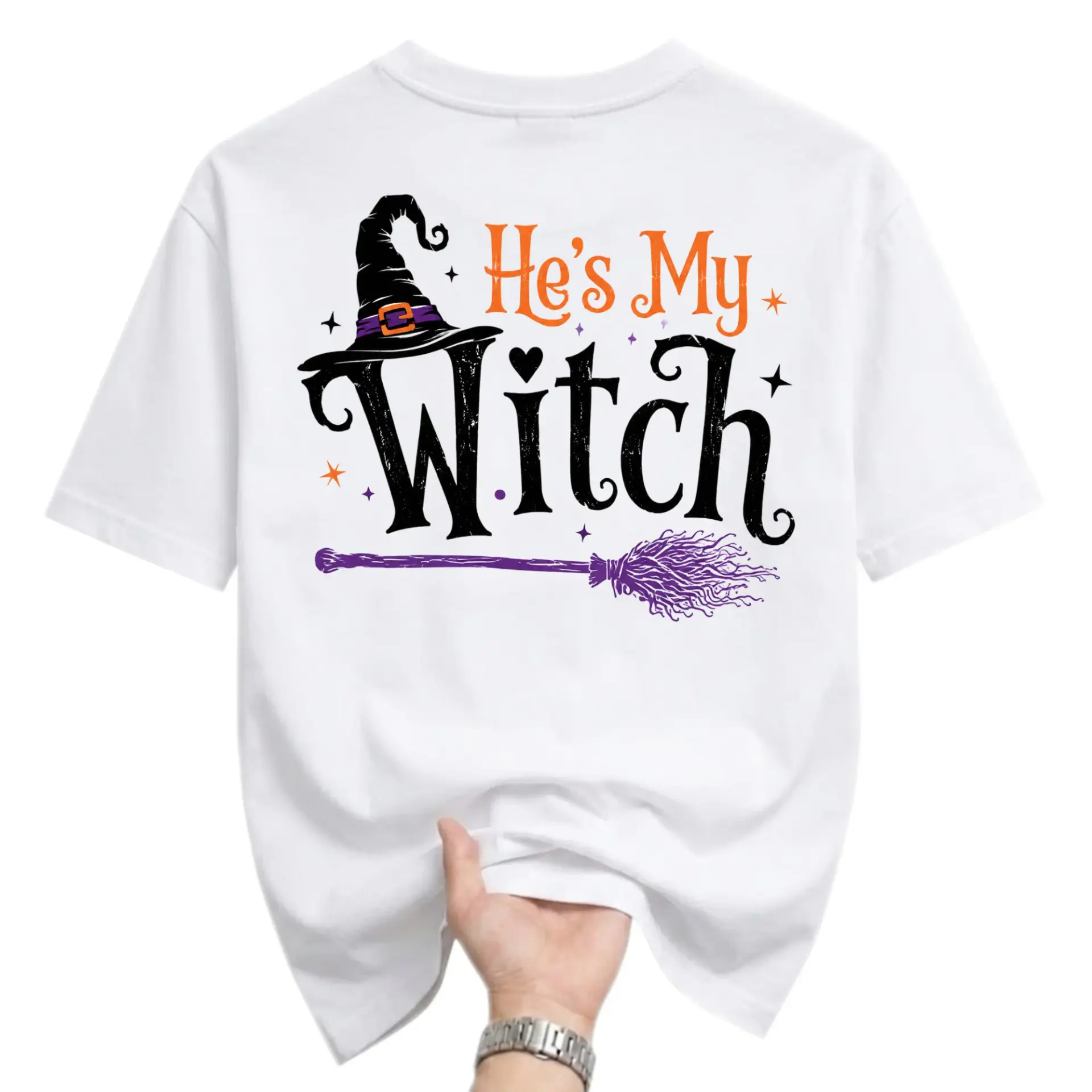 Funny Shirt He's My Witch Halloween Graphic Tee for Adults Unisex Casual Cotton Crew Neck Top Fall Seasonal Apparel