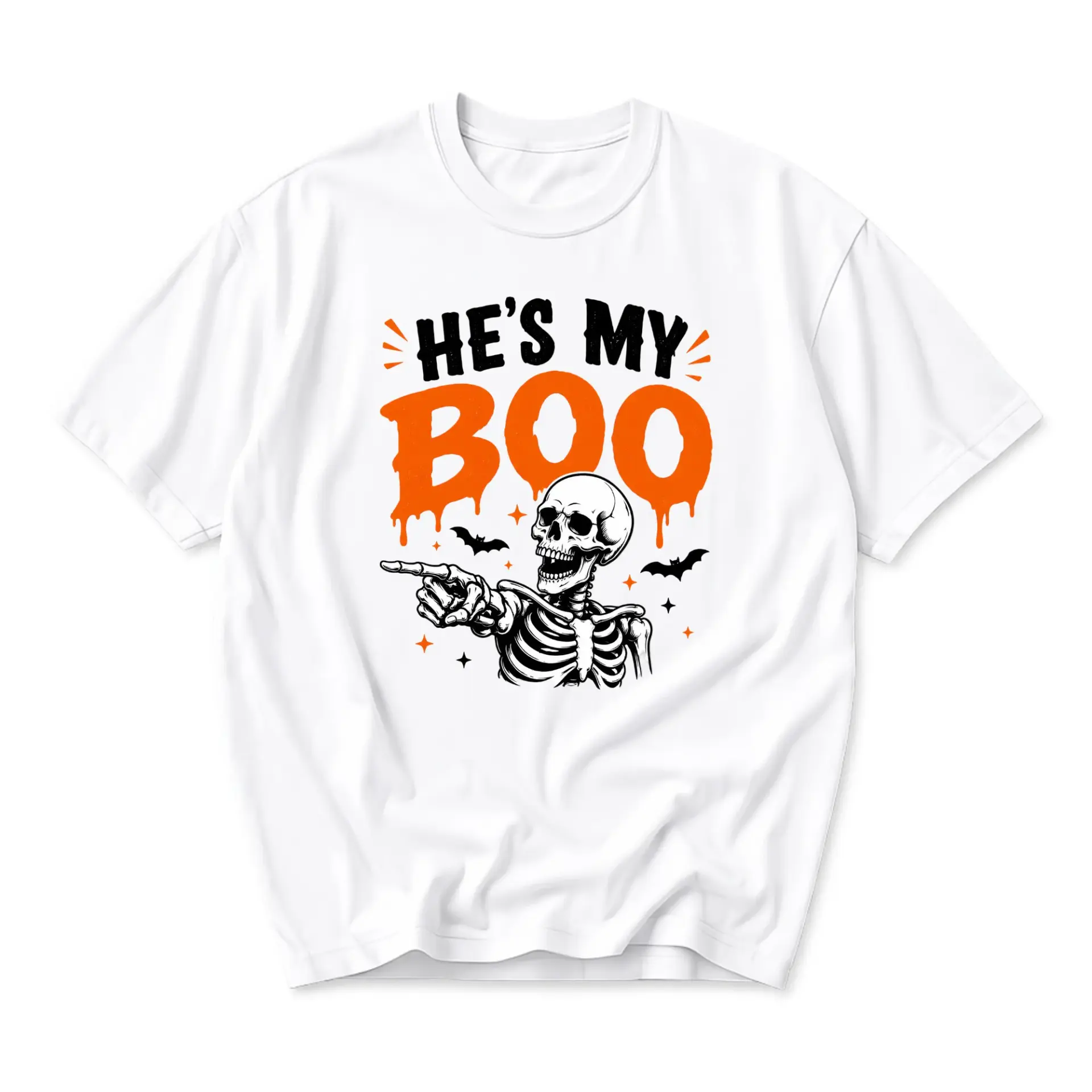 Graphic Tee He's My Boo Skeleton Funny Shirt Unisex Crew Neck Casual Cotton Blend Short Sleeve Halloween Apparel