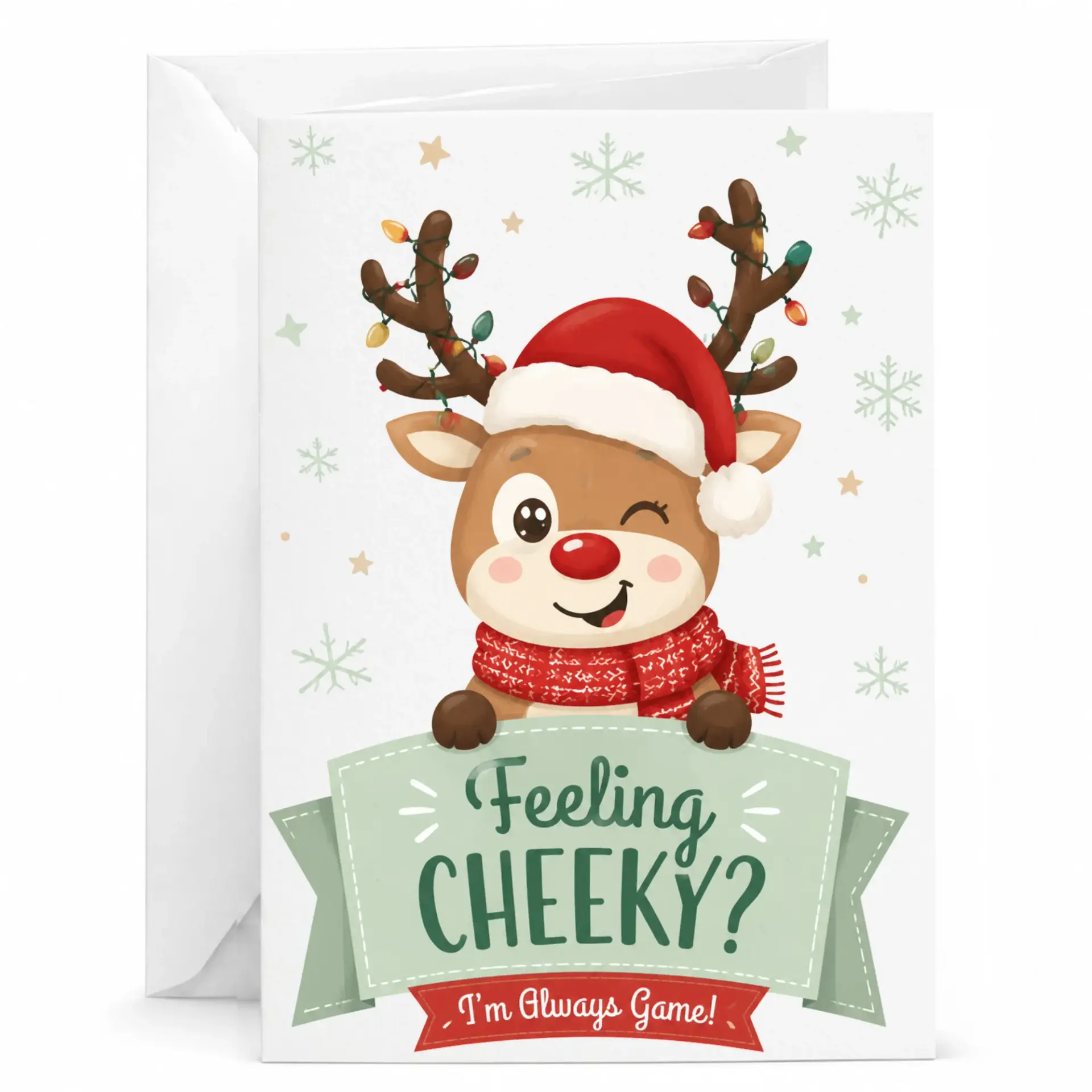 Funny Reindeer Greeting Card Feeling Cheeky Christmas Holiday Card with Envelope for Friends and Family