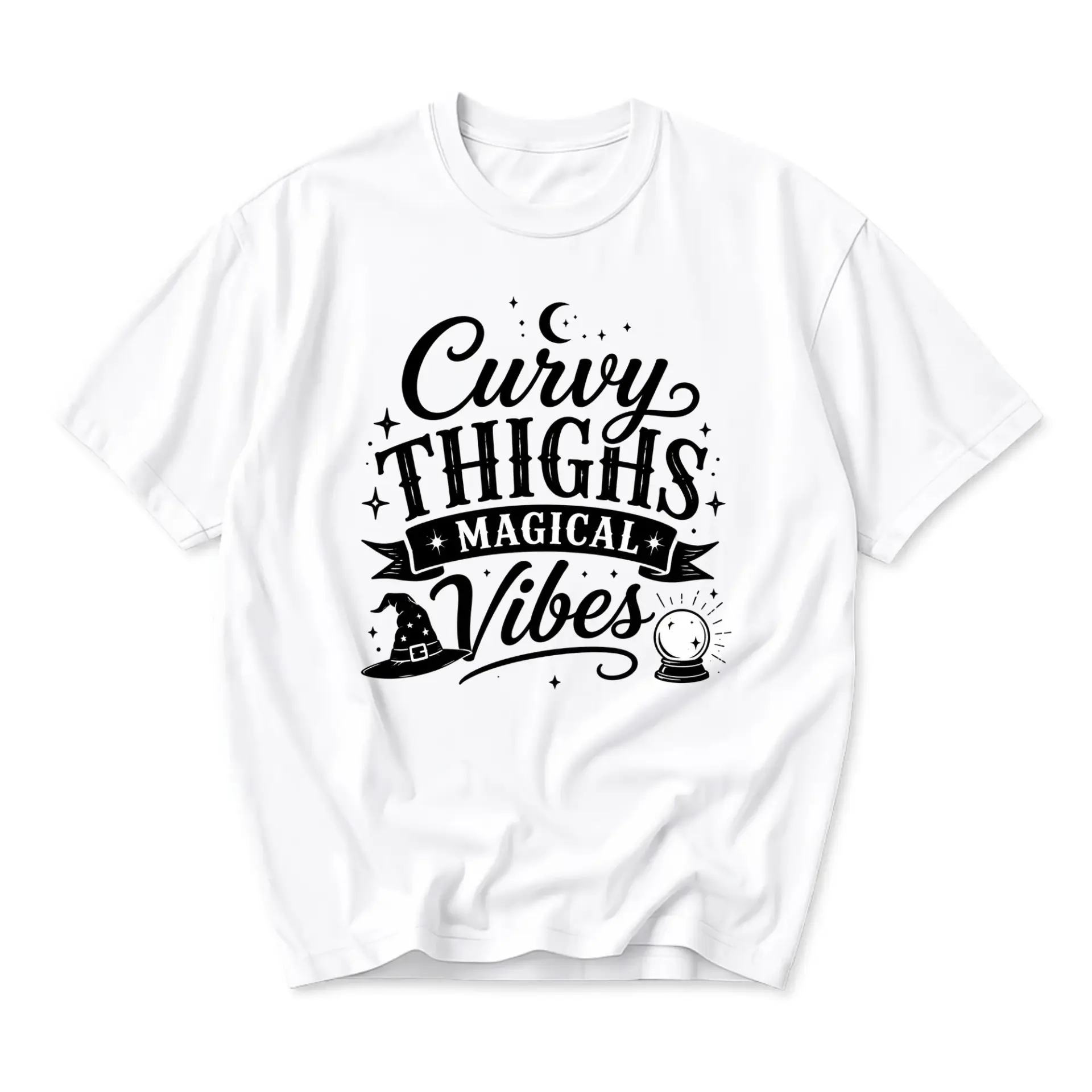 Graphic Tee Curvy Thighs Magical Vibes Unisex Crew Neck T-Shirt Funny Quote Shirt Casual Everyday Cotton Top