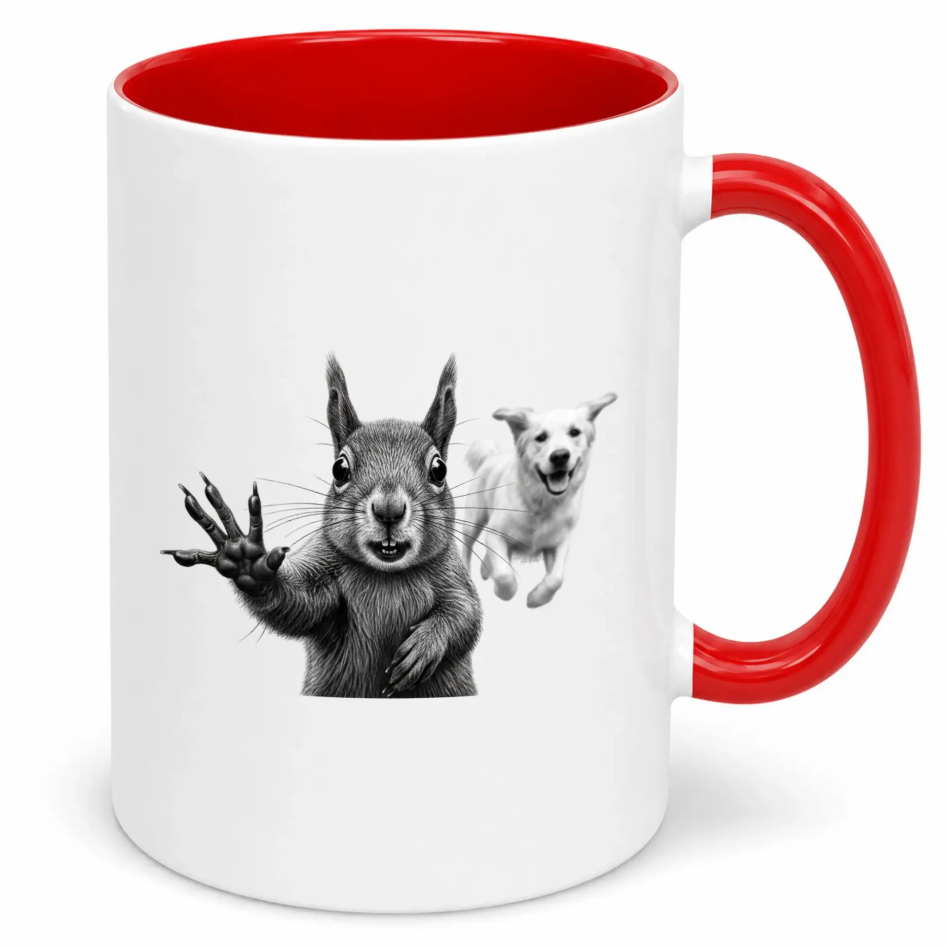 Funny Squirrel Waving Dog Chasing Ceramic Coffee Mug - Playful Animal Art Print Beverage Cup for Home & Office