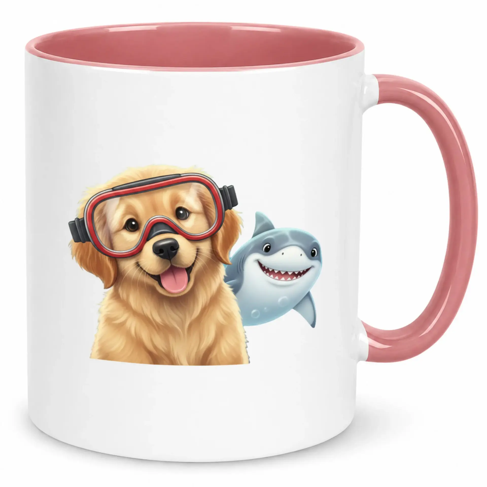 Cute Golden Retriever Puppy and Shark Ceramic Coffee Mug, Funny Dog Wearing Snorkel Goggles Drinkware for Animal Lovers