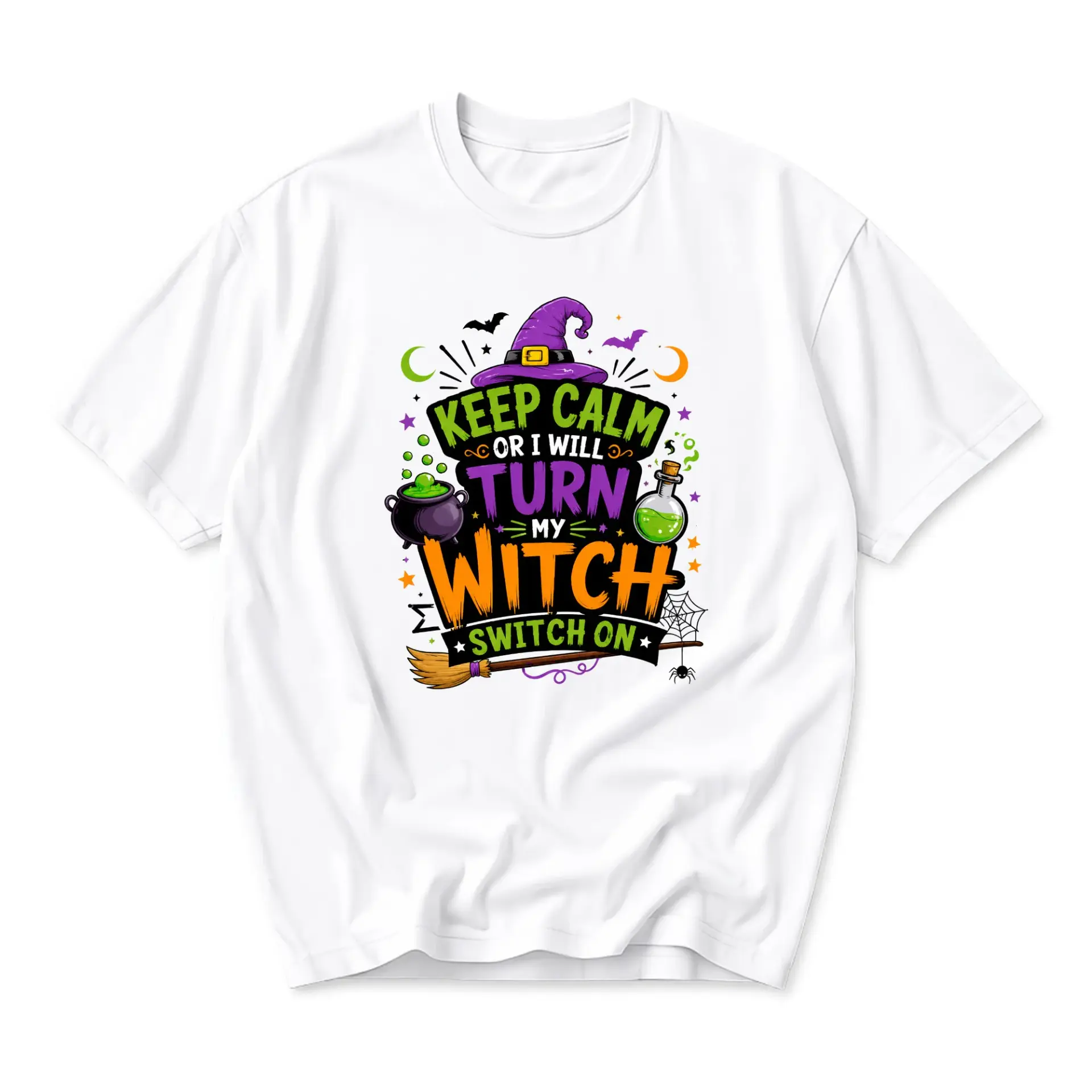 Funny Shirt Keep Calm or I Will Turn My Witch Switch on Graphic Print Unisex Crew Neck Casual Everyday Tee