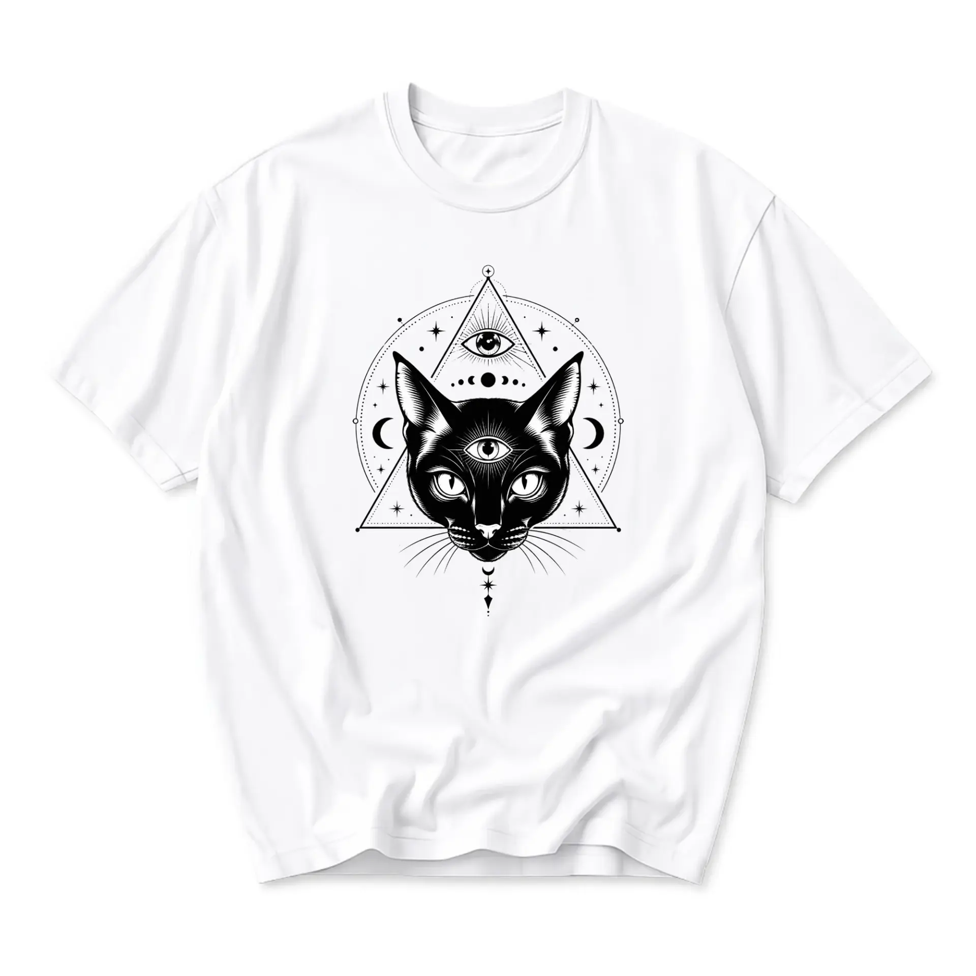 Graphic Tee Celestial Cat Eye Triangle Print Unisex Casual Crew Neck T-Shirt for Everyday Style and Comfortable Wear