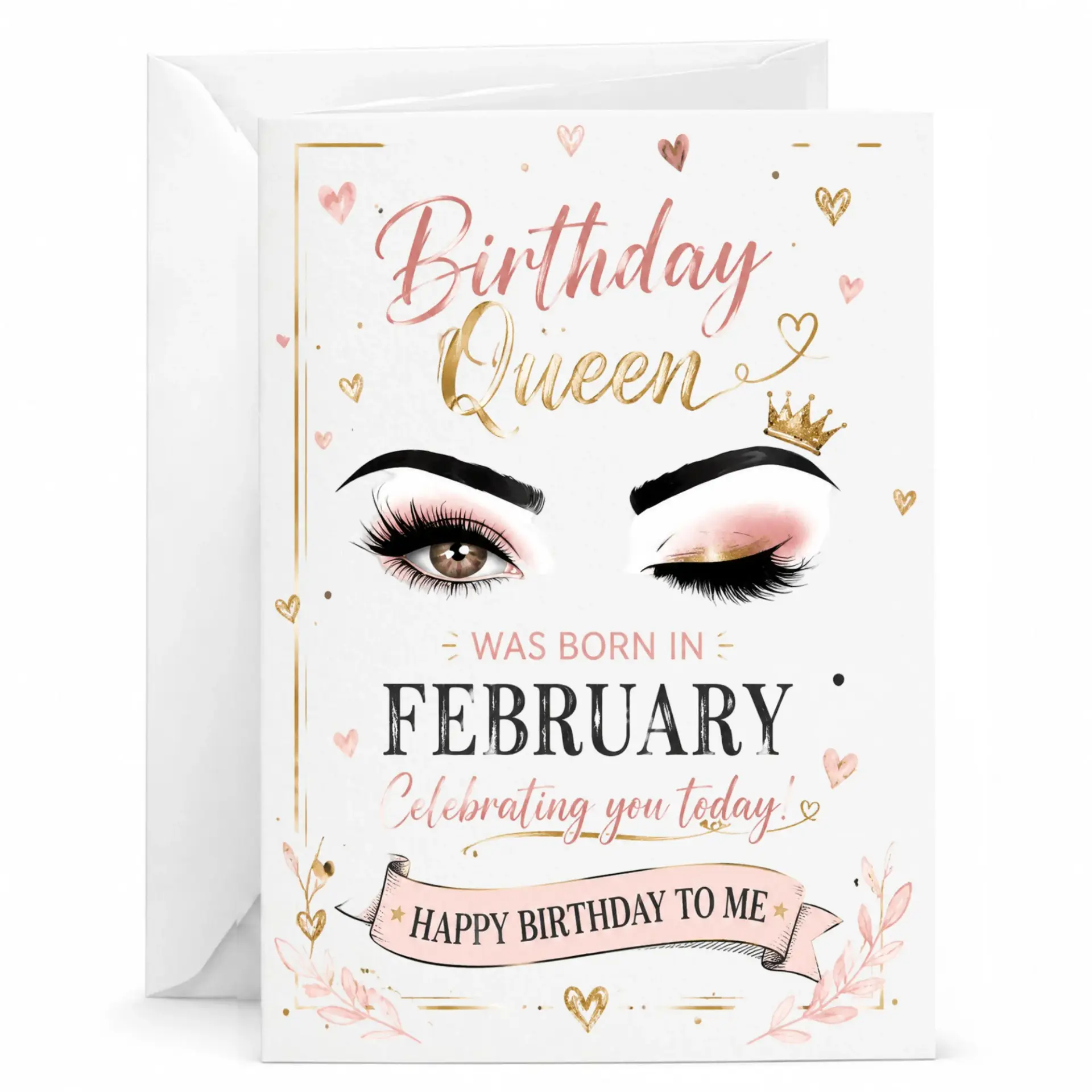 Birthday Card for February Birthday Queen, Elegant Pink and Gold Decorative Greeting Card for Women, 5x7 Inches