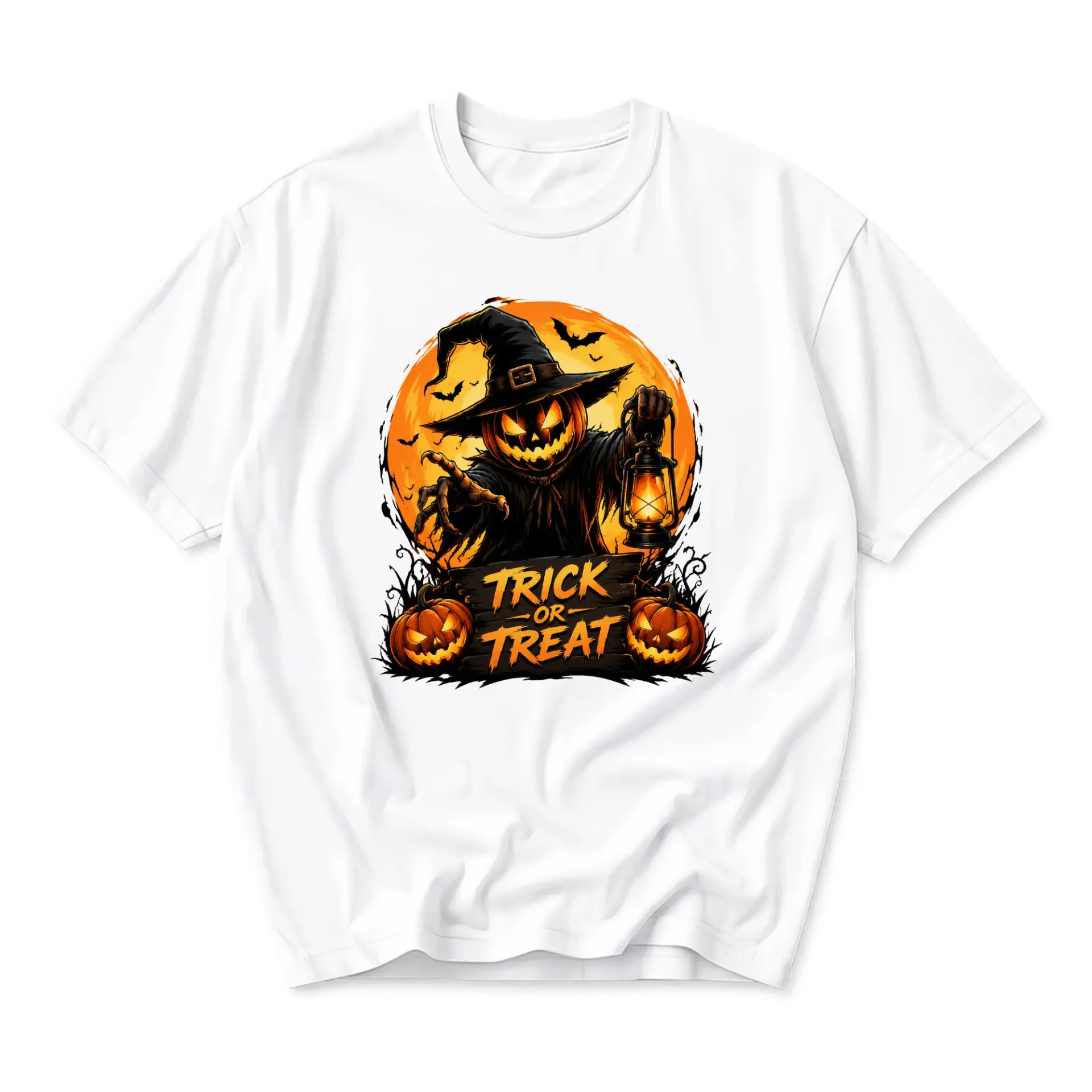 Graphic Tee Pumpkin Scarecrow Halloween Shirt Unisex Casual Crew Neck Apparel for Fall Holiday Season Parties