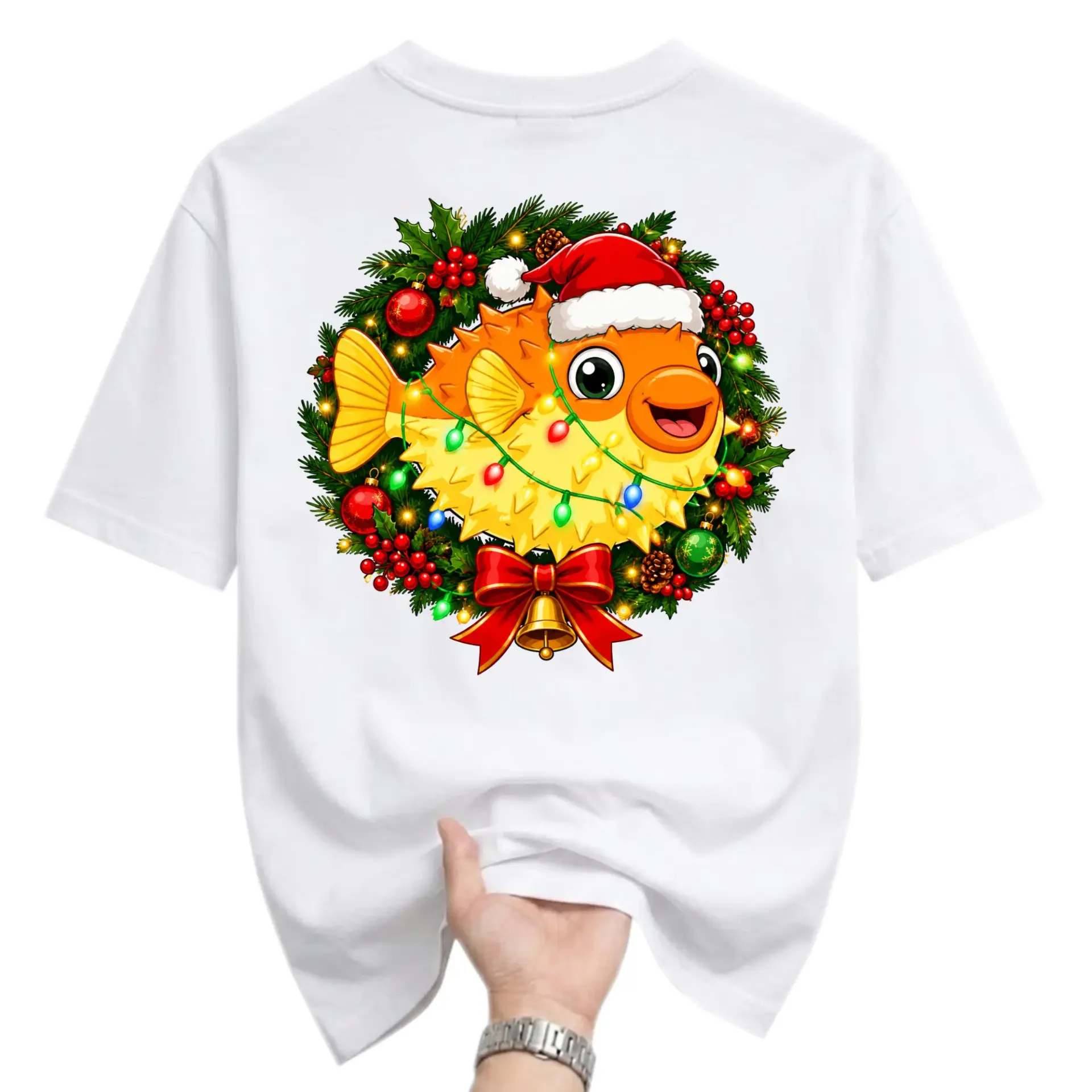 Funny Shirt Wearing Santa Hat in Christmas Wreath Graphic Tee Unisex Casual