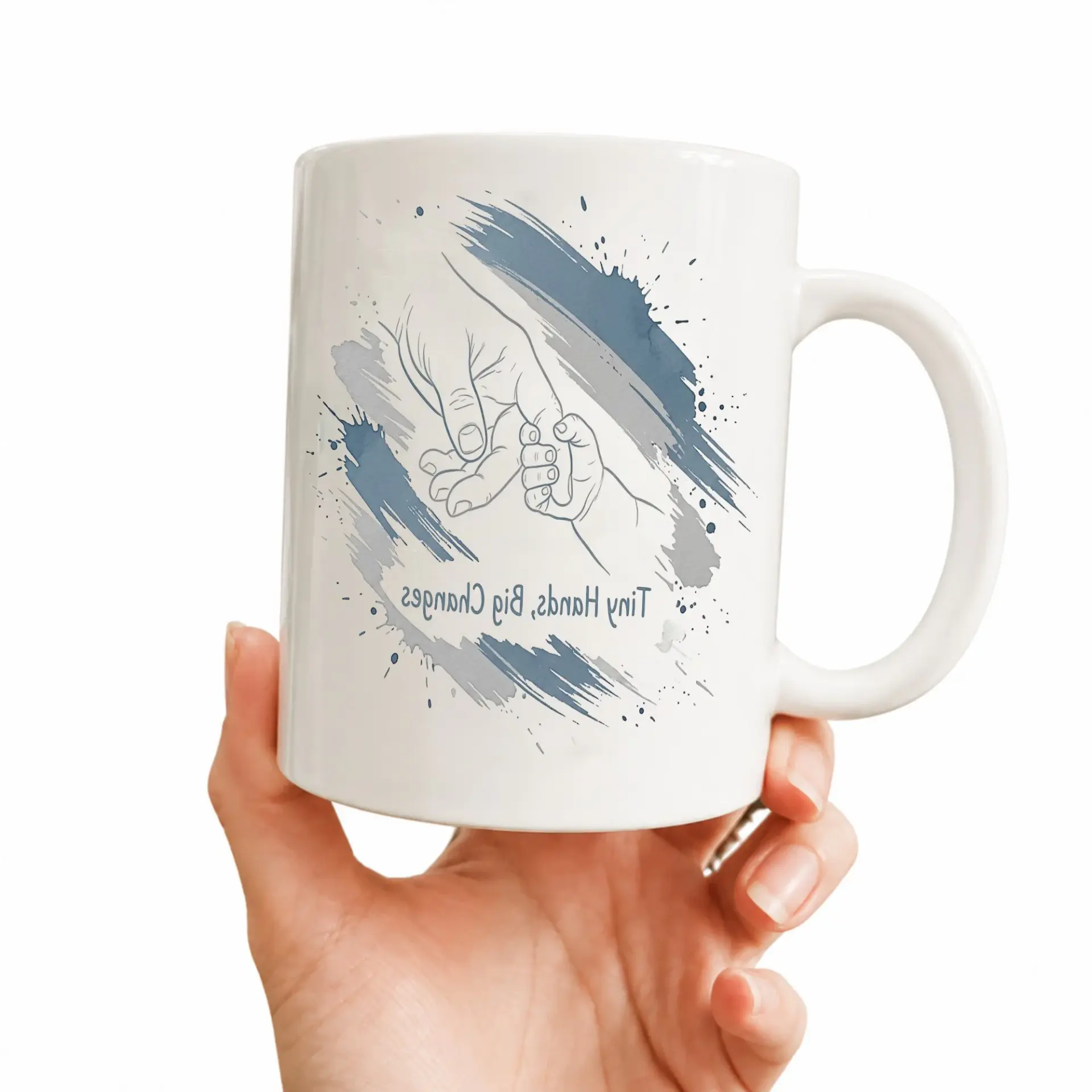 Inspirational Tiny Hands Big Changes Ceramic Mug with Blue Accent Handle for Home and Office Coffee Tea Beverages
