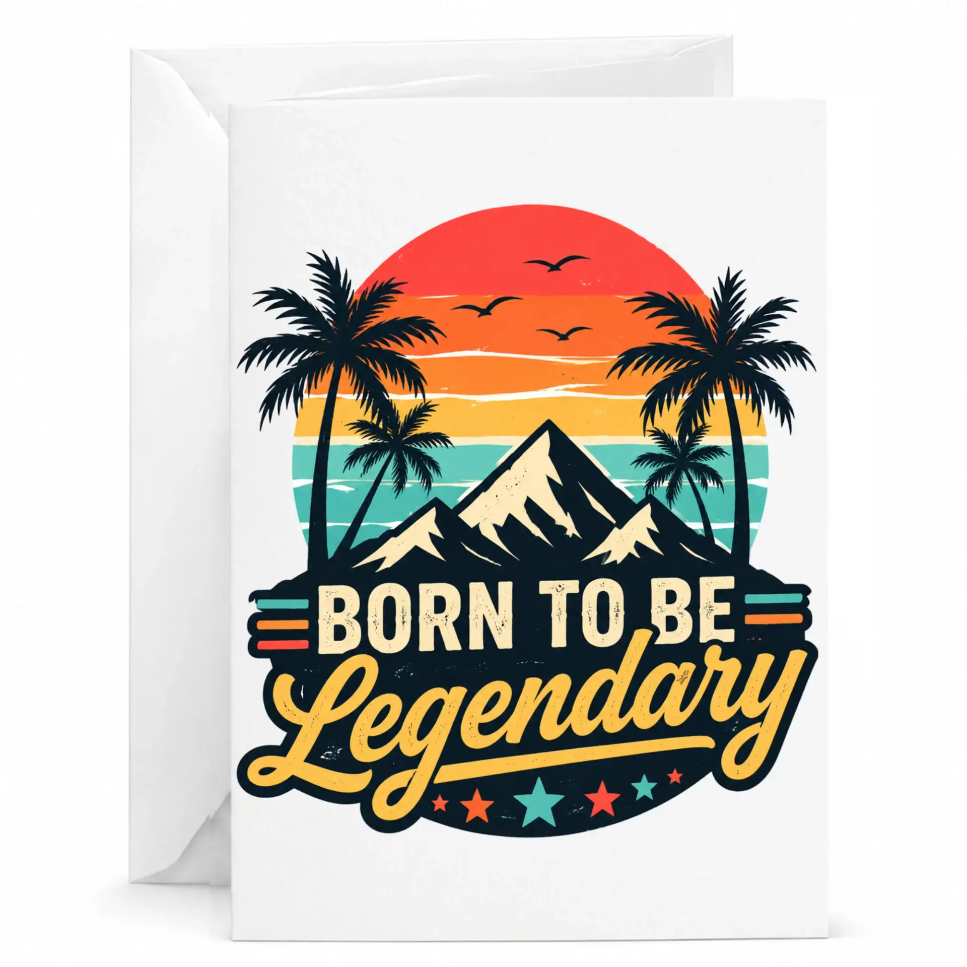Birthday Card Born to Be Legendary Retro Sunset Tropical Palm Tree Greeting Card with Envelope for Special Occasions